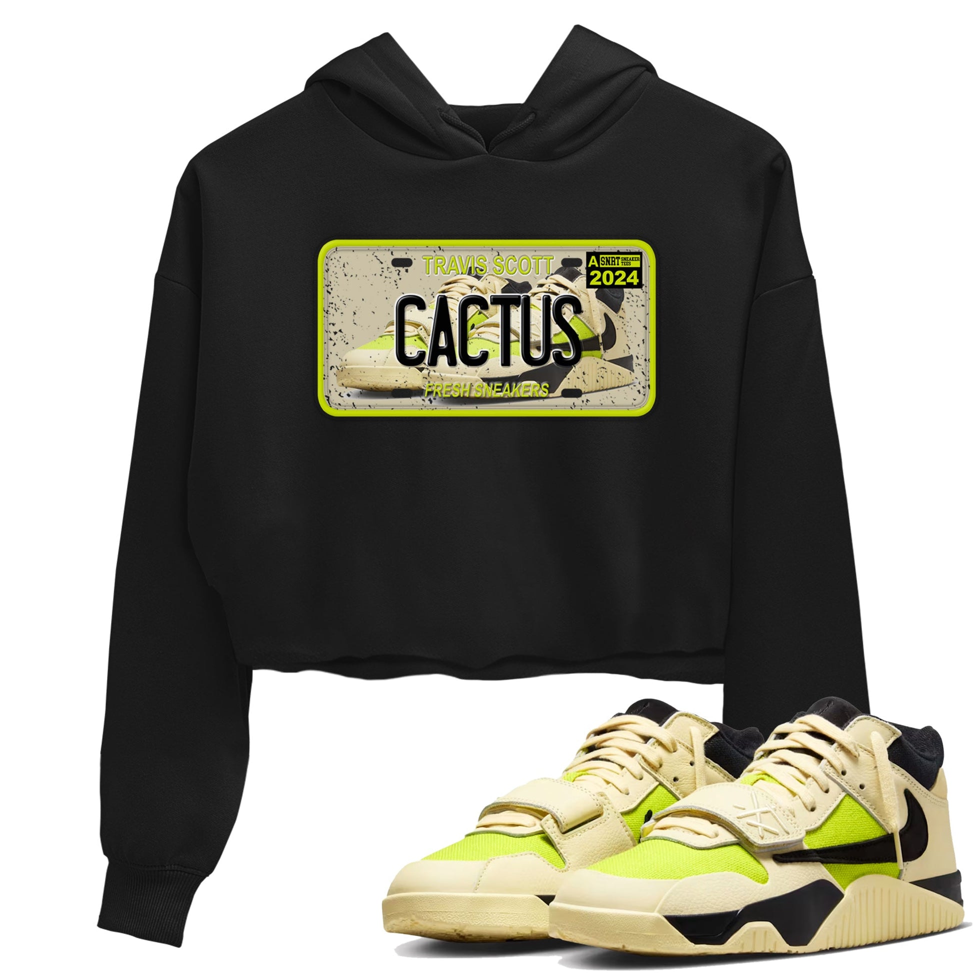 Sneaker Plate womens crop tee made to vibe with the Jordan Jumpman Jack Travis Scott Bright Cactus sneakers — the perfect match in Black 1.