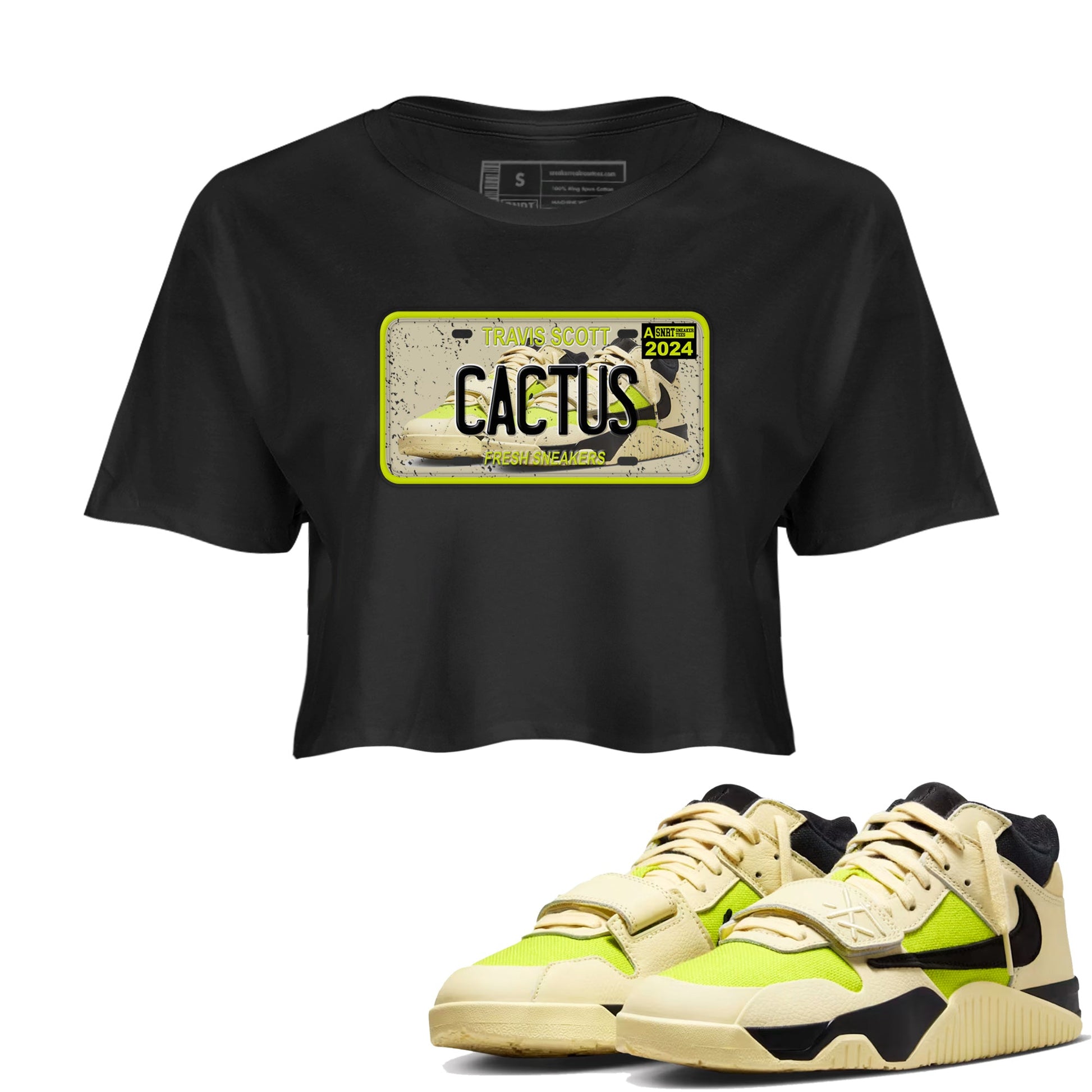 Sneaker Plate womens crop tee made to vibe with the Jordan Jumpman Jack Travis Scott Bright Cactus sneakers — the perfect match in Black 1.