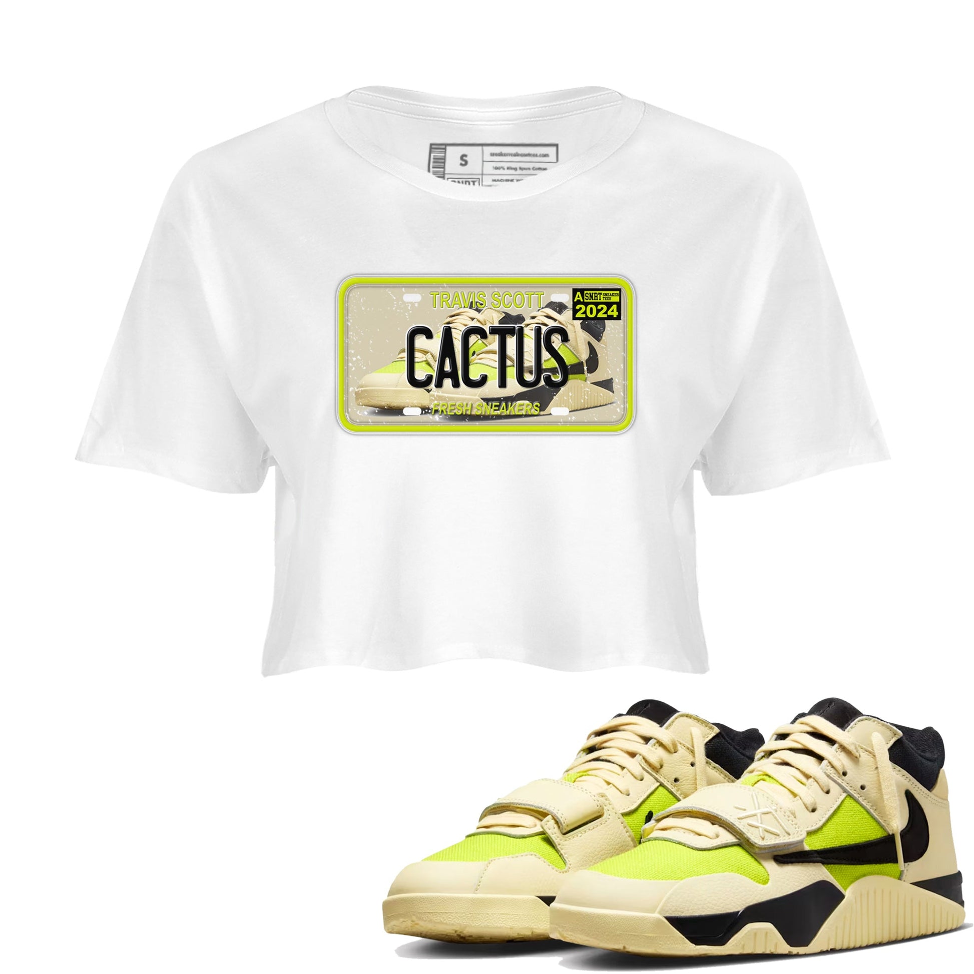 Sneaker Plate womens crop tee made to vibe with the Jordan Jumpman Jack Travis Scott Bright Cactus sneakers — the perfect match in White 1.
