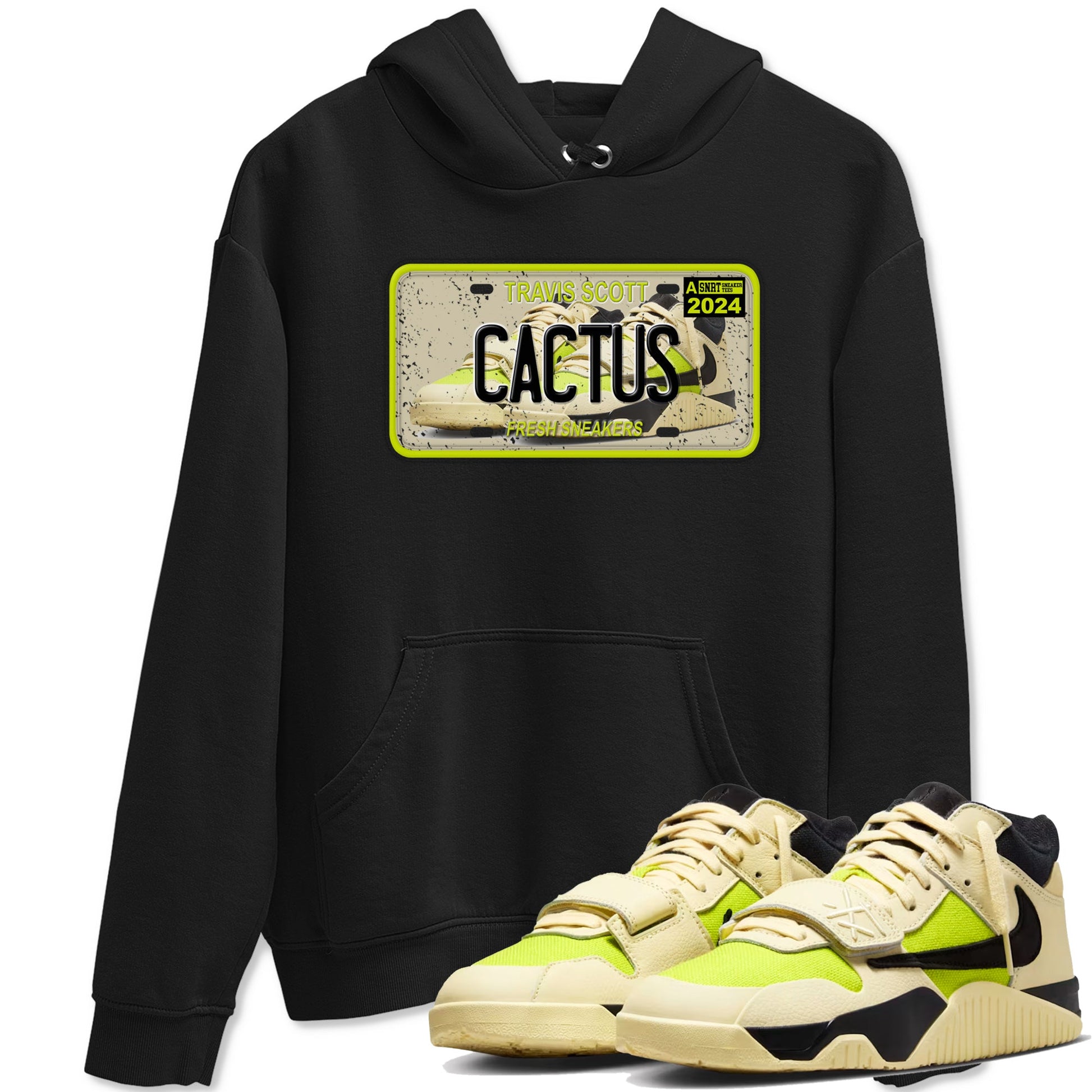 Sneaker Plate sneaker match t-shirt styled to complete your fit with the Jordan Jumpman Jack Travis Scott Bright Cactus sneakers, shown in Black 1.