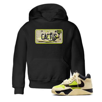 Sneaker Plate baby and kids t-shirt crafted for little sneakerheads to shine with the Jordan Jumpman Jack Travis Scott Bright Cactus sneakers, displayed in Black 1.