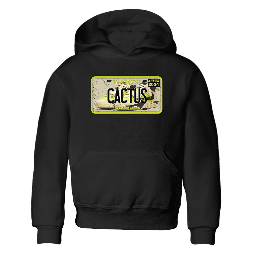 Sneaker Plate baby and kids t-shirt crafted for little sneakerheads to shine with the Jordan Jumpman Jack Travis Scott Bright Cactus sneakers, displayed in Black 2.