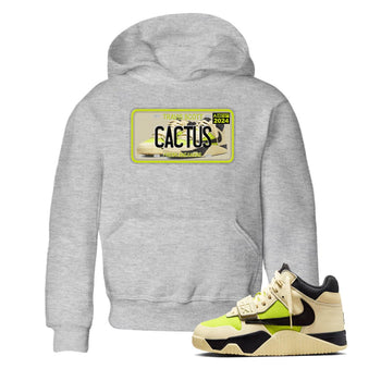 Sneaker Plate baby and kids t-shirt crafted for little sneakerheads to shine with the Jordan Jumpman Jack Travis Scott Bright Cactus sneakers, displayed in Heather Grey 1.