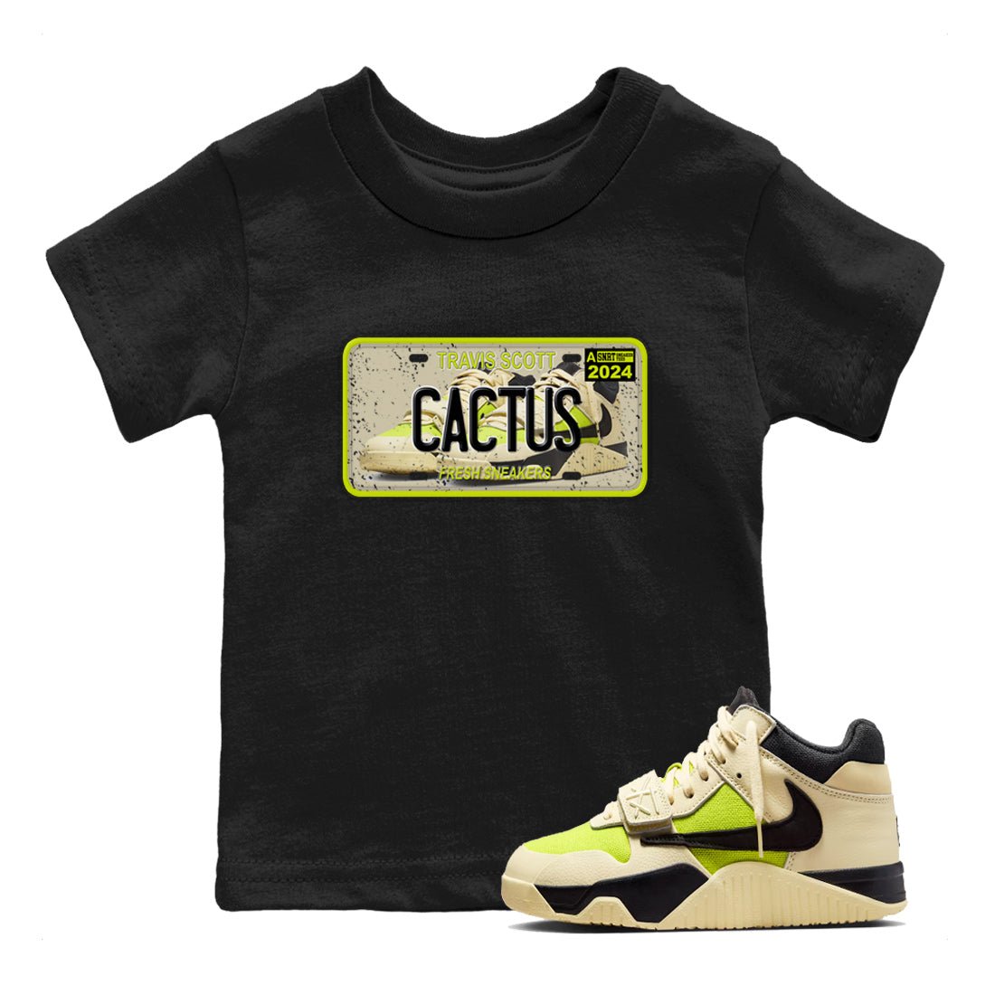 Sneaker Plate baby and kids t-shirt crafted for little sneakerheads to shine with the Jordan Jumpman Jack Travis Scott Bright Cactus sneakers, displayed in Black 1.