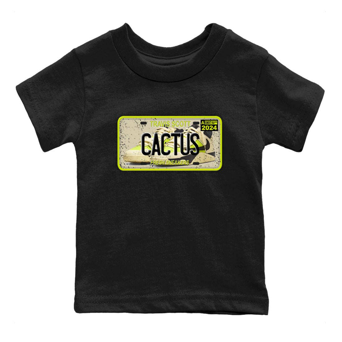 Sneaker Plate baby and kids t-shirt crafted for little sneakerheads to shine with the Jordan Jumpman Jack Travis Scott Bright Cactus sneakers, displayed in Black 2.