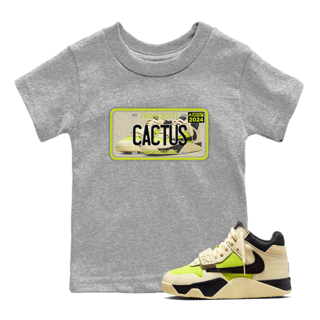 Sneaker Plate baby and kids t-shirt crafted for little sneakerheads to shine with the Jordan Jumpman Jack Travis Scott Bright Cactus sneakers, displayed in Heather Grey 1.
