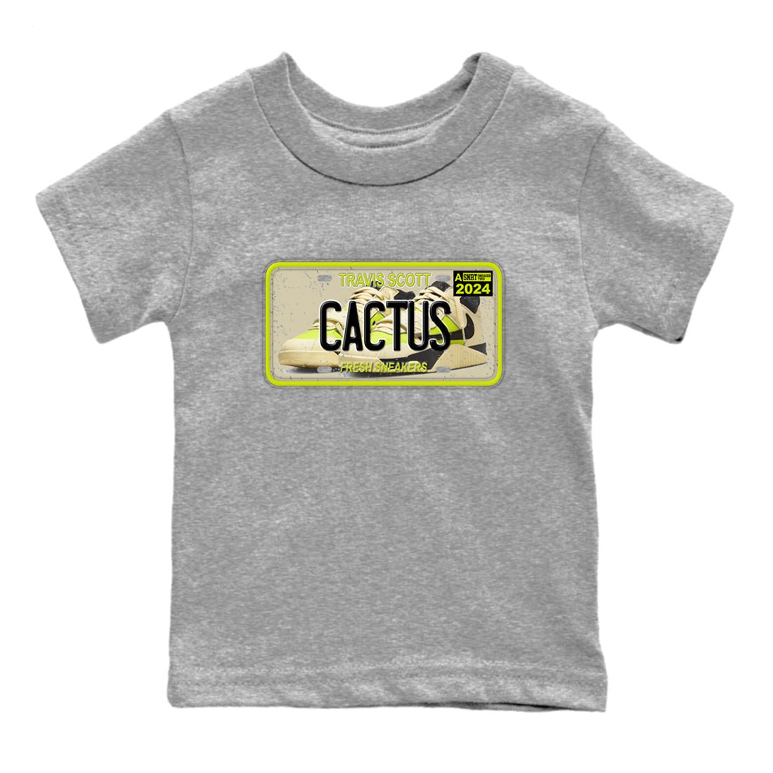 Sneaker Plate baby and kids t-shirt crafted for little sneakerheads to shine with the Jordan Jumpman Jack Travis Scott Bright Cactus sneakers, displayed in Heather Grey 2.