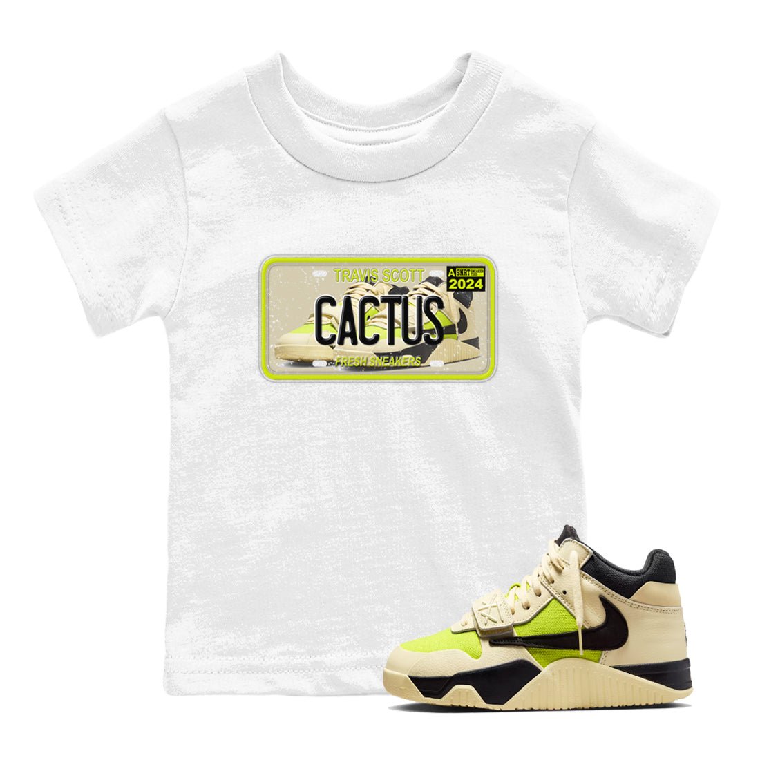 Sneaker Plate baby and kids t-shirt crafted for little sneakerheads to shine with the Jordan Jumpman Jack Travis Scott Bright Cactus sneakers, displayed in White 1.