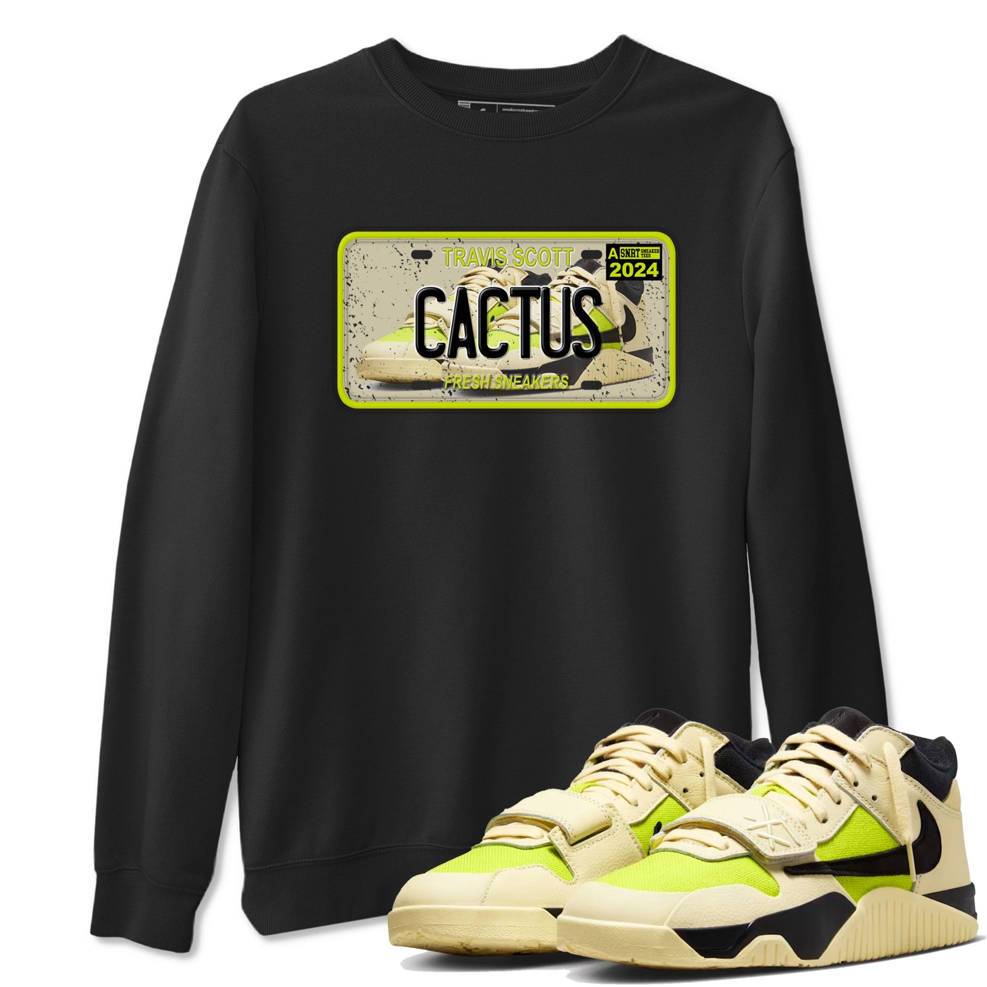 Sneaker Plate sneaker match t-shirt styled to complete your fit with the Jordan Jumpman Jack Travis Scott Bright Cactus sneakers, shown in Black 1.