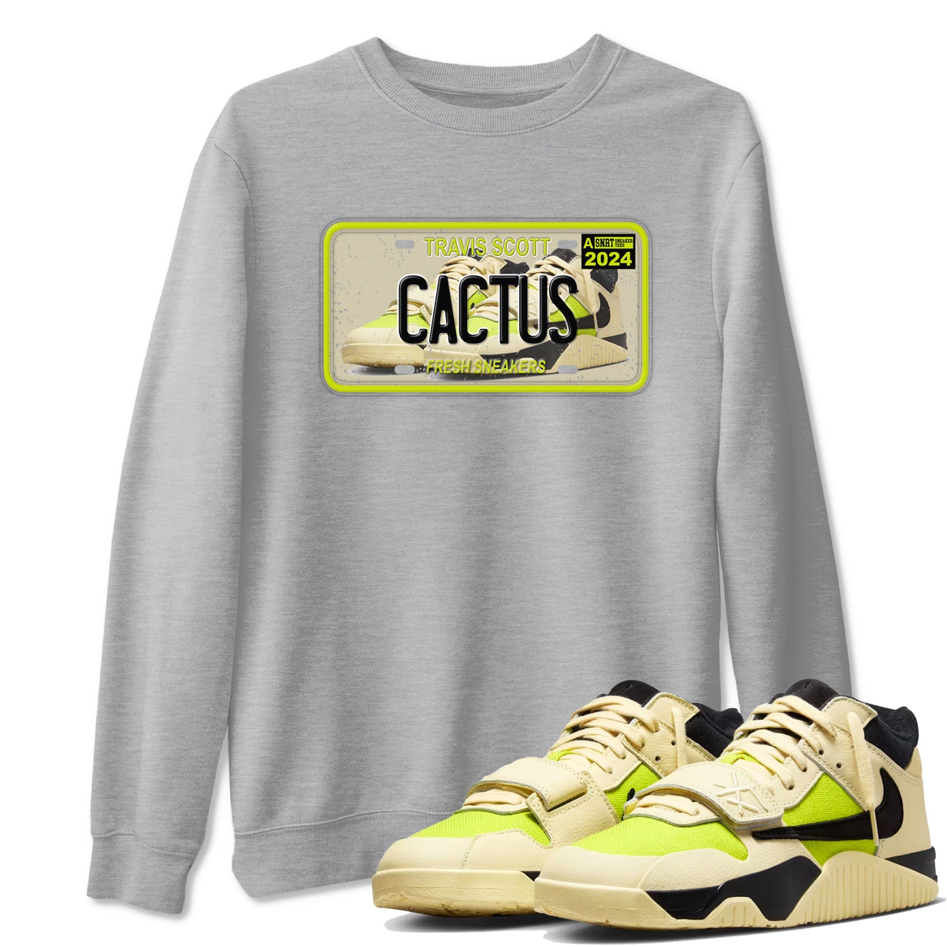 Sneaker Plate sneaker match t-shirt styled to complete your fit with the Jordan Jumpman Jack Travis Scott Bright Cactus sneakers, shown in Heather Grey 1.