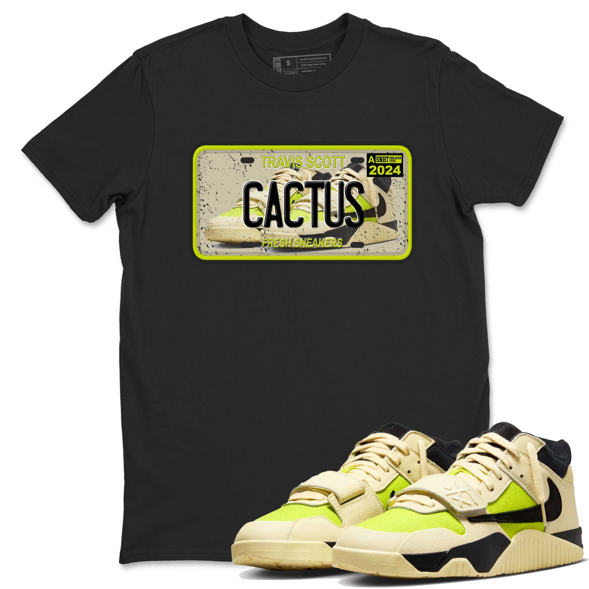 Sneaker Plate sneaker match t-shirt styled to complete your fit with the Jordan Jumpman Jack Travis Scott Bright Cactus sneakers, shown in Black 1.