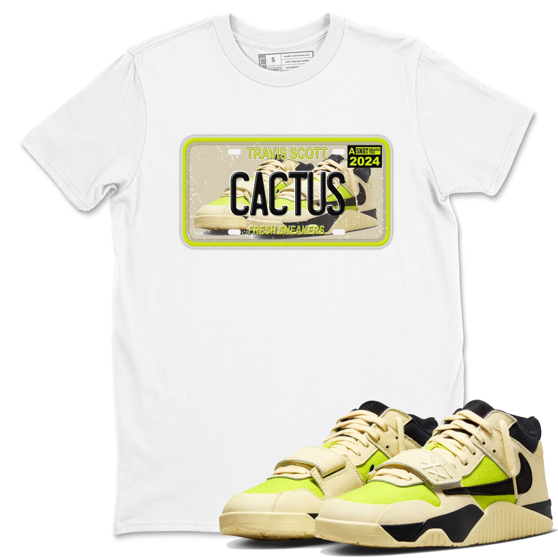 Sneaker Plate sneaker match t-shirt styled to complete your fit with the Jordan Jumpman Jack Travis Scott Bright Cactus sneakers, shown in White 1.