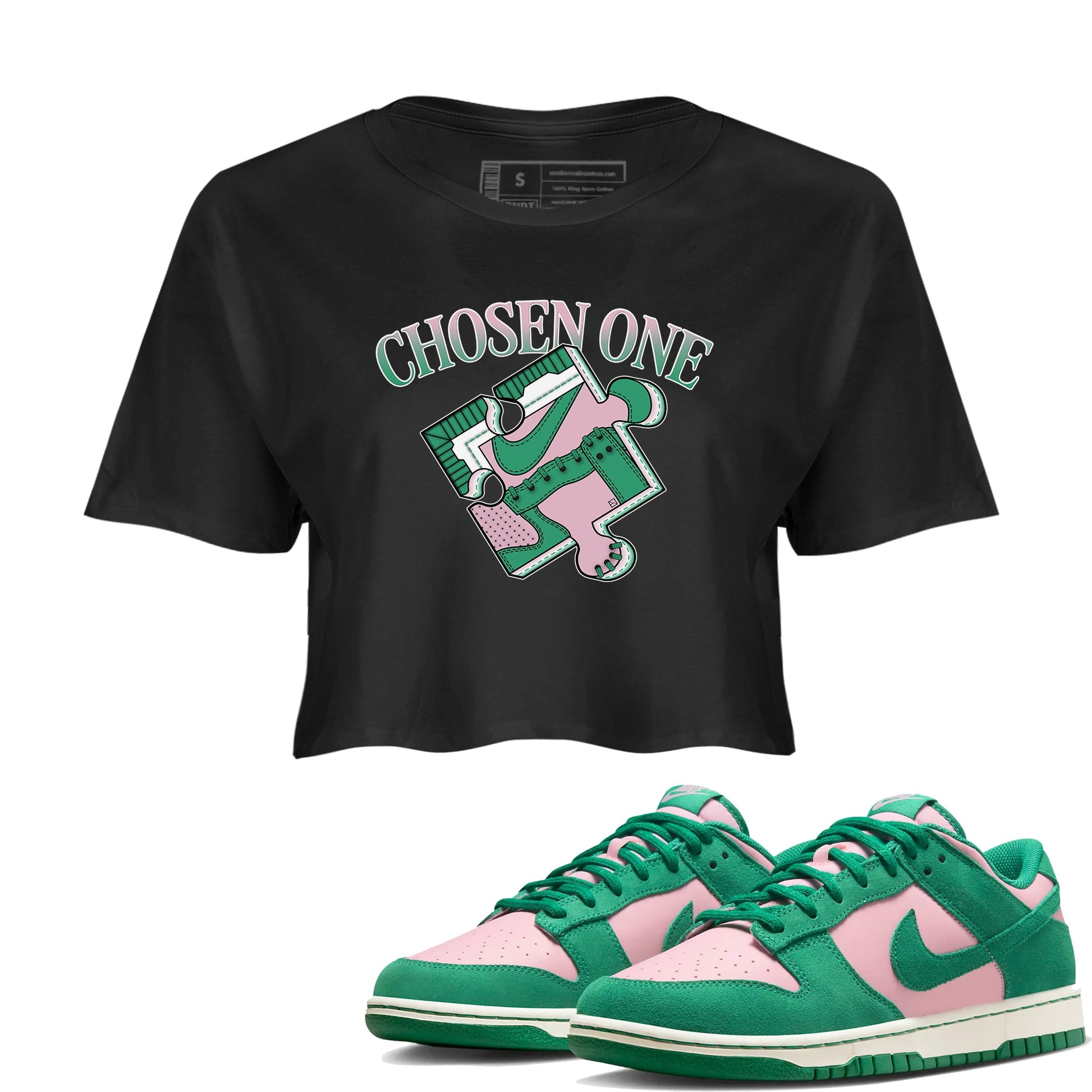 Dunk Medium Soft Pink Malachite shirt to match jordans Sneaker Puzzle sneaker tees Dunk Medium Soft Pink Malachite SNRT Sneaker Release Tees Black 1 crop length shirt