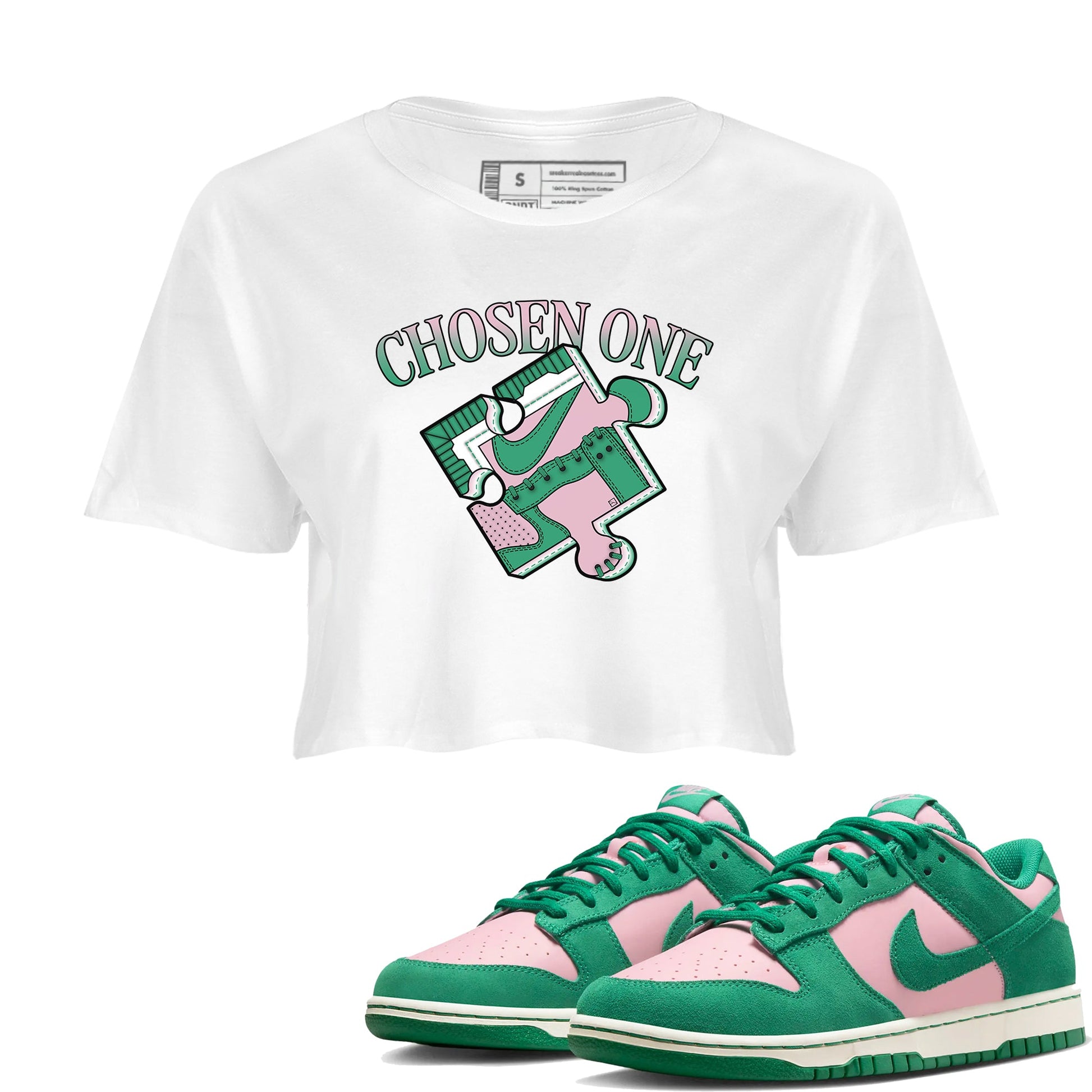 Dunk Medium Soft Pink Malachite shirt to match jordans Sneaker Puzzle sneaker tees Dunk Medium Soft Pink Malachite SNRT Sneaker Release Tees White 1 crop length shirt