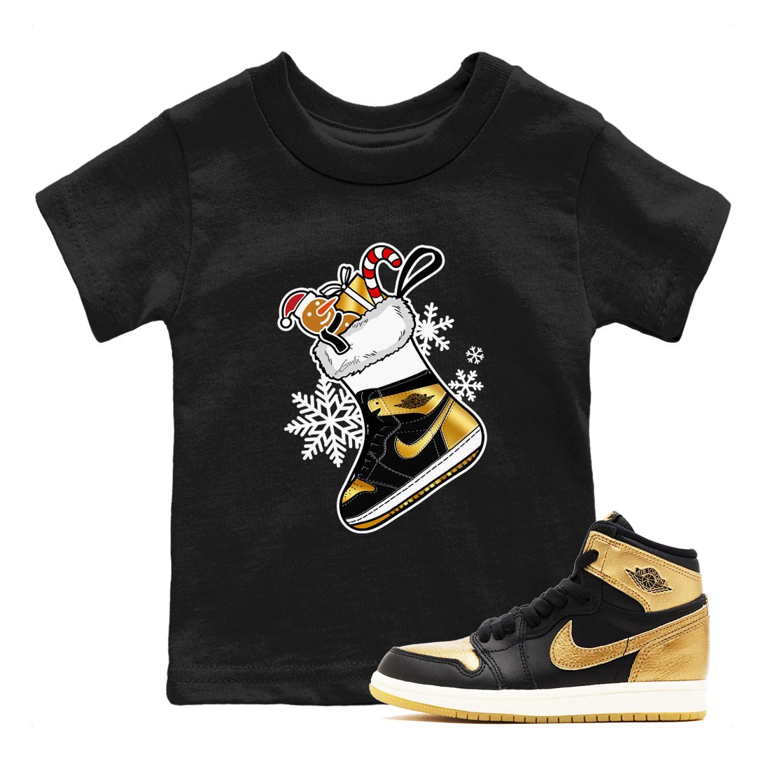 1s Black Metallic Gold shirts to match jordans Christmas Sneaker Stocking t shirts to match sneakers Air Jordan 1 Retro High OG Black Metallic Gold match shoes to clothes SNRT Sneaker Tees Youth Baby Black 1 tee