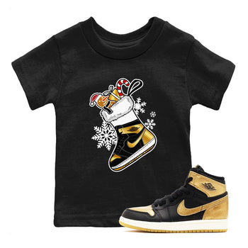 1s Black Metallic Gold shirts to match jordans Christmas Sneaker Stocking t shirts to match sneakers Air Jordan 1 Retro High OG Black Metallic Gold match shoes to clothes SNRT Sneaker Tees Youth Baby Black 1 tee
