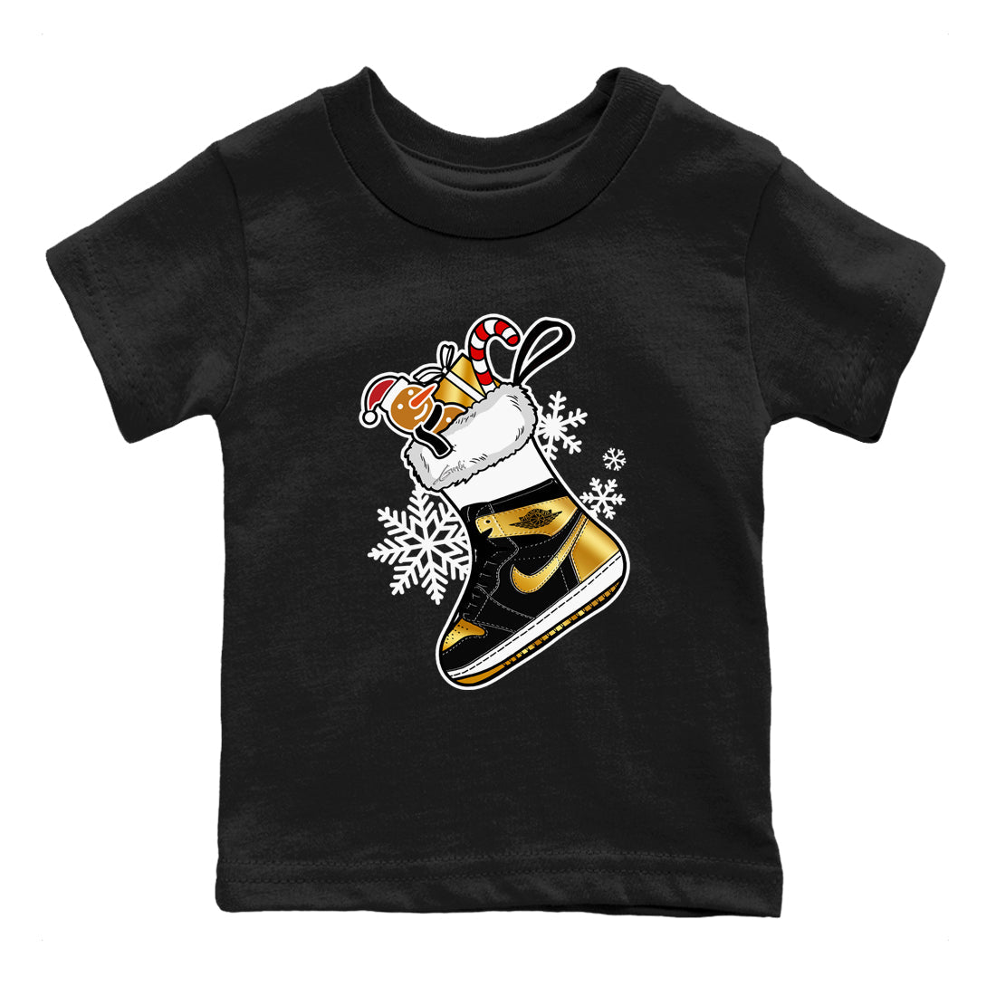 1s Black Metallic Gold shirts to match jordans Christmas Sneaker Stocking t shirts to match sneakers Air Jordan 1 Retro High OG Black Metallic Gold match shoes to clothes SNRT Sneaker Tees Youth Baby Black 2 tee