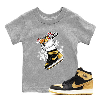 1s Black Metallic Gold shirts to match jordans Christmas Sneaker Stocking t shirts to match sneakers Air Jordan 1 Retro High OG Black Metallic Gold match shoes to clothes SNRT Sneaker Tees Youth Baby Heather Grey 1 tee