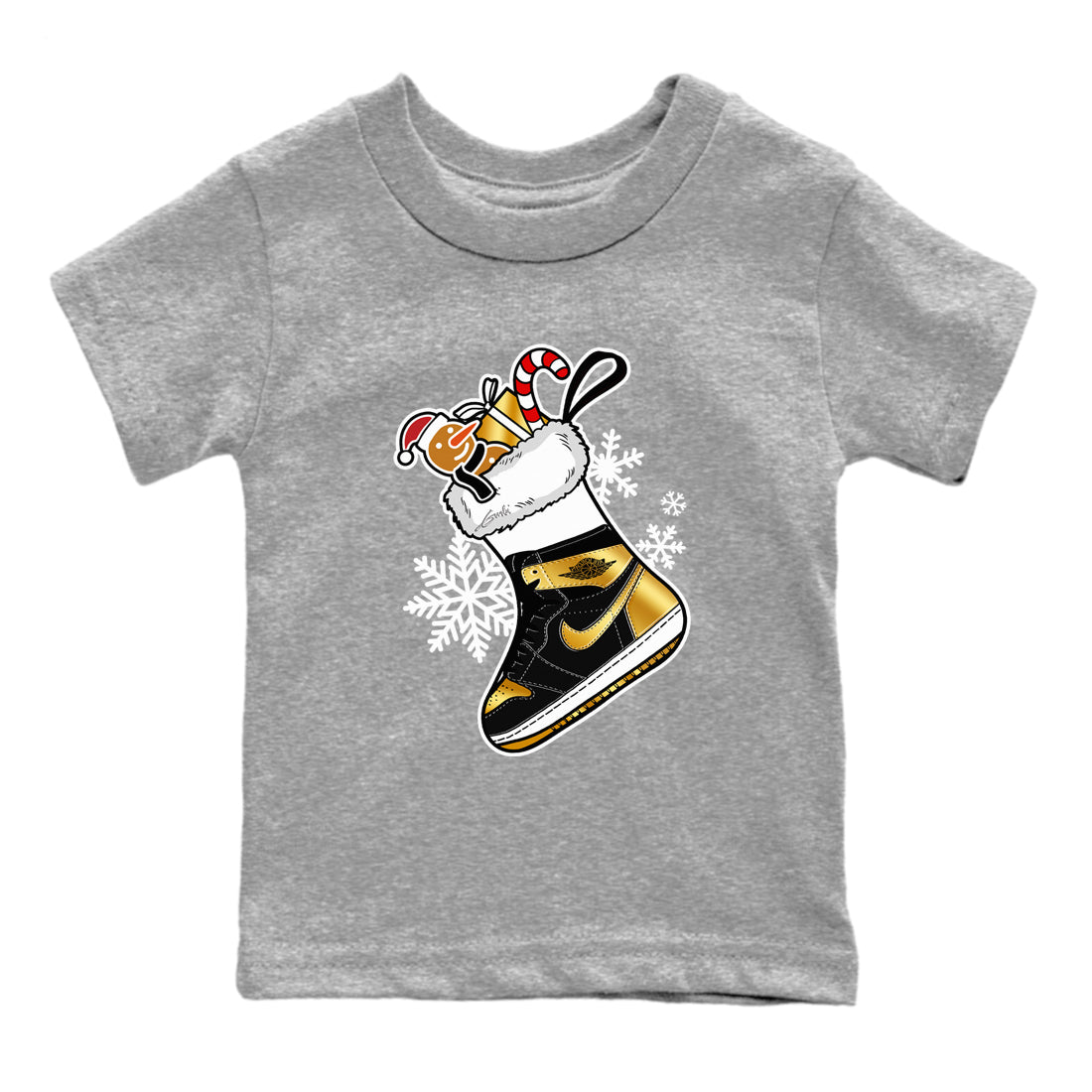 1s Black Metallic Gold shirts to match jordans Christmas Sneaker Stocking t shirts to match sneakers Air Jordan 1 Retro High OG Black Metallic Gold match shoes to clothes SNRT Sneaker Tees Youth Baby Heather Grey 2 tee
