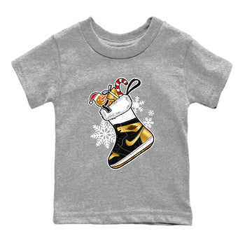 1s Black Metallic Gold shirts to match jordans Christmas Sneaker Stocking t shirts to match sneakers Air Jordan 1 Retro High OG Black Metallic Gold match shoes to clothes SNRT Sneaker Tees Youth Baby Heather Grey 2 tee