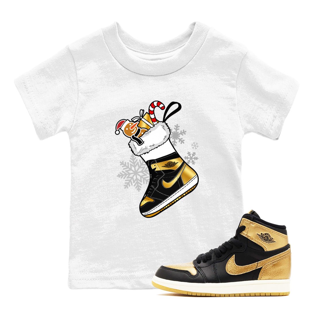 1s Black Metallic Gold shirts to match jordans Christmas Sneaker Stocking t shirts to match sneakers Air Jordan 1 Retro High OG Black Metallic Gold match shoes to clothes SNRT Sneaker Tees Youth Baby White 1 tee
