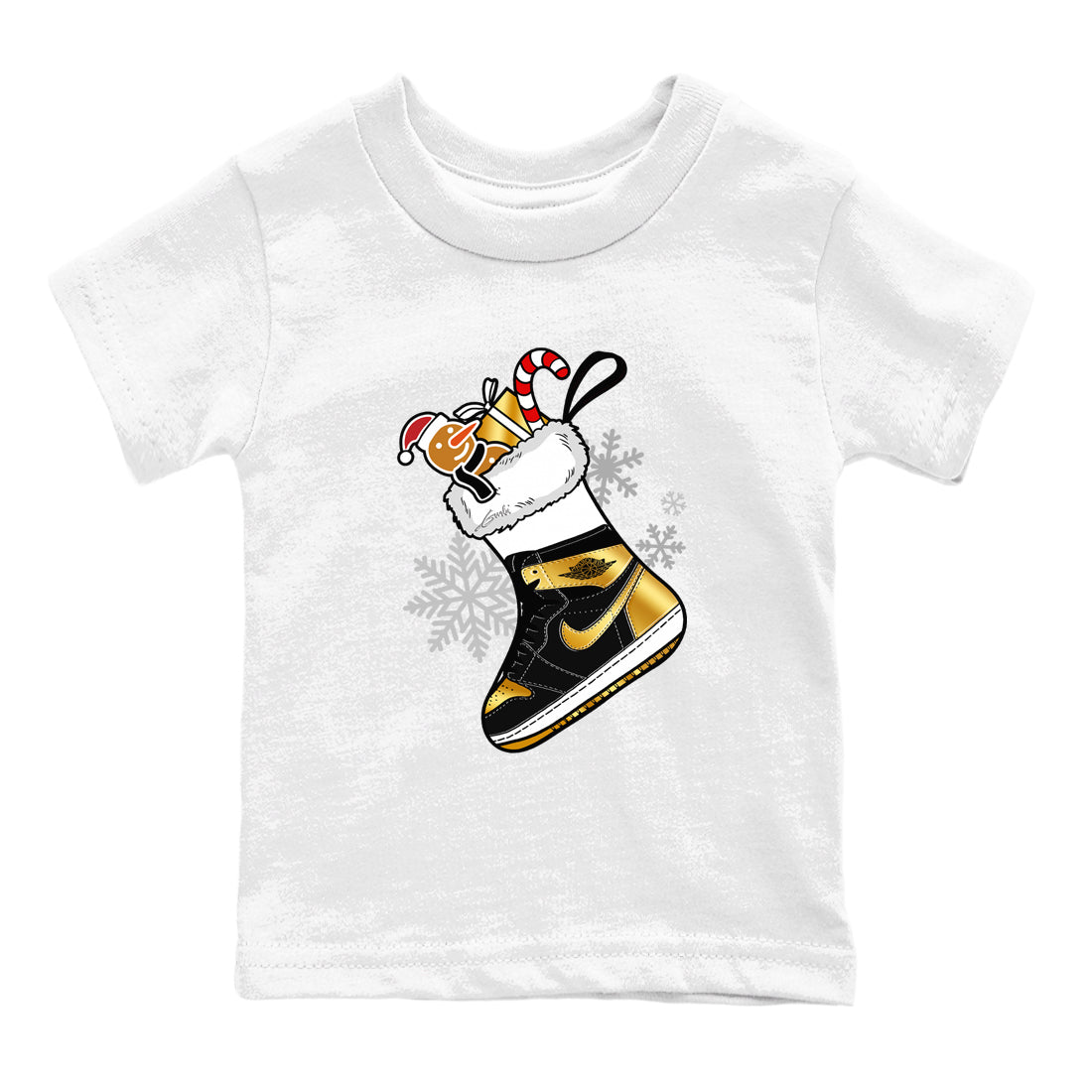 1s Black Metallic Gold shirts to match jordans Christmas Sneaker Stocking t shirts to match sneakers Air Jordan 1 Retro High OG Black Metallic Gold match shoes to clothes SNRT Sneaker Tees Youth Baby White 2 tee