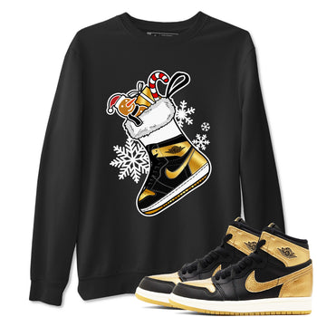 1s Black Metallic Gold shirts to match jordans Christmas Sneaker Stocking t shirts to match sneakers Air Jordan 1 Retro High OG Black Metallic Gold match shoes to clothes SNRT Sneaker Tees unisex cotton Black 1 shirts