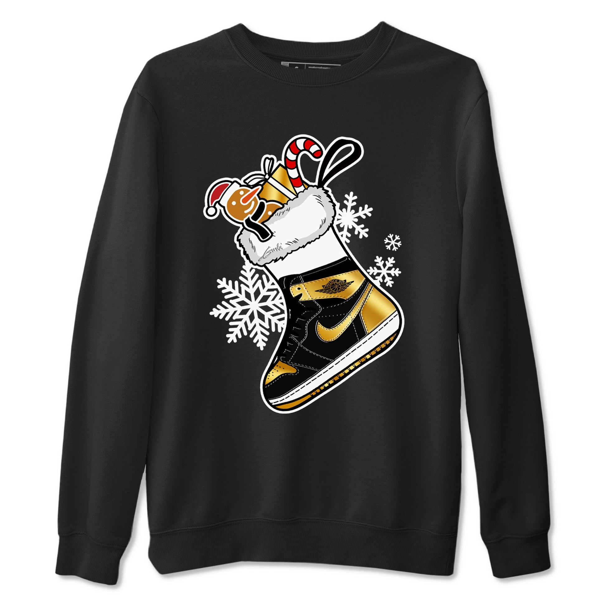 1s Black Metallic Gold shirts to match jordans Christmas Sneaker Stocking t shirts to match sneakers Air Jordan 1 Retro High OG Black Metallic Gold match shoes to clothes SNRT Sneaker Tees unisex cotton Black 2 shirts
