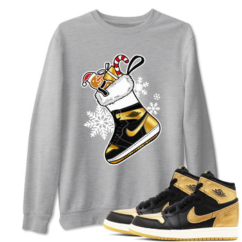 1s Black Metallic Gold shirts to match jordans Christmas Sneaker Stocking t shirts to match sneakers Air Jordan 1 Retro High OG Black Metallic Gold match shoes to clothes SNRT Sneaker Tees unisex cotton Heather Grey 1 shirts