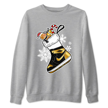 1s Black Metallic Gold shirts to match jordans Christmas Sneaker Stocking t shirts to match sneakers Air Jordan 1 Retro High OG Black Metallic Gold match shoes to clothes SNRT Sneaker Tees unisex cotton Heather Grey 2 shirts