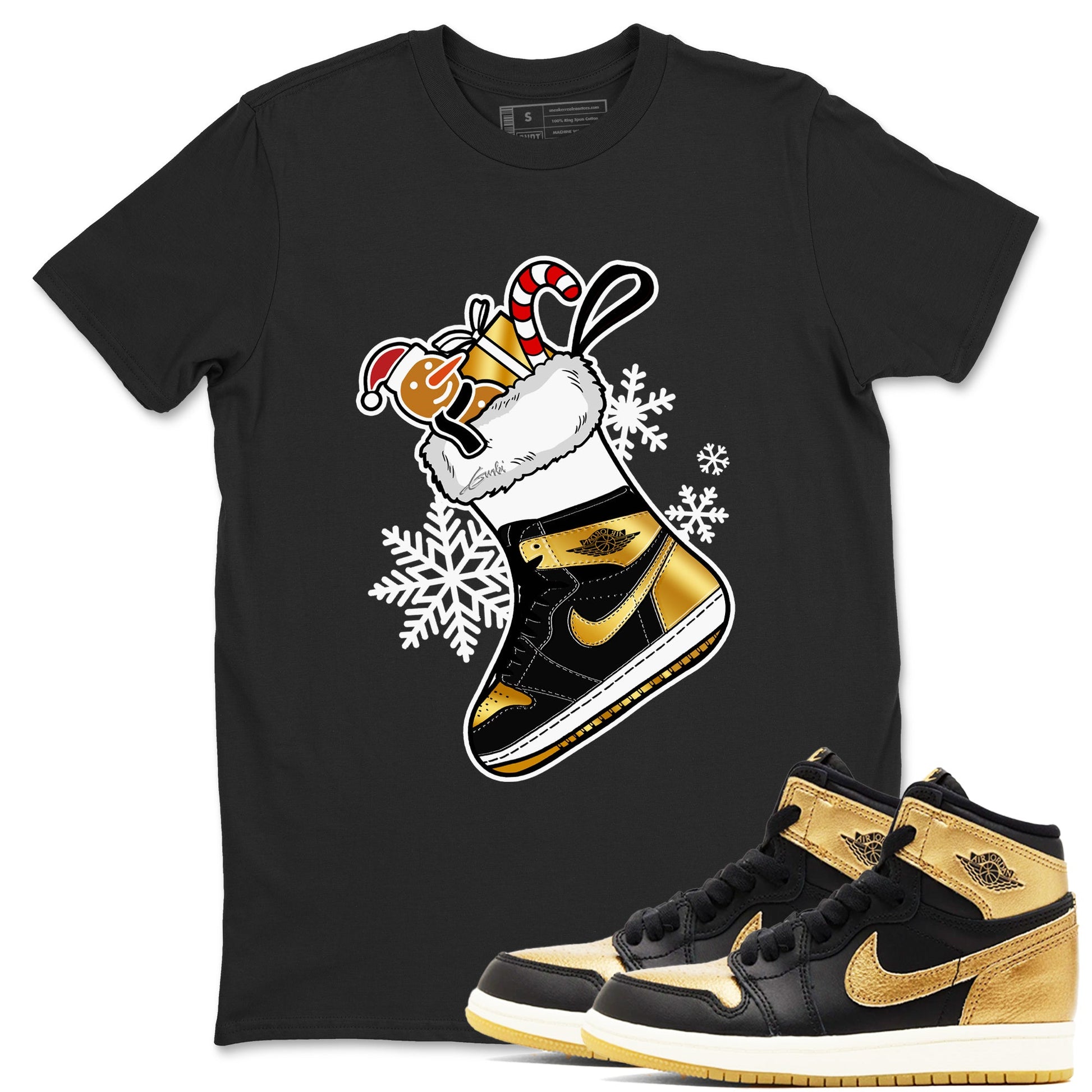 1s Black Metallic Gold shirts to match jordans Christmas Sneaker Stocking t shirts to match sneakers Air Jordan 1 Retro High OG Black Metallic Gold match shoes to clothes SNRT Sneaker Tees unisex cotton Black 1 shirts