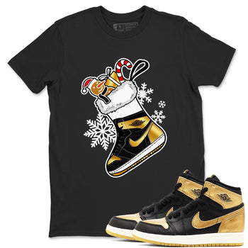 1s Black Metallic Gold shirts to match jordans Christmas Sneaker Stocking t shirts to match sneakers Air Jordan 1 Retro High OG Black Metallic Gold match shoes to clothes SNRT Sneaker Tees unisex cotton Black 1 shirts