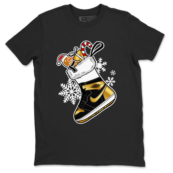 1s Black Metallic Gold shirts to match jordans Christmas Sneaker Stocking t shirts to match sneakers Air Jordan 1 Retro High OG Black Metallic Gold match shoes to clothes SNRT Sneaker Tees unisex cotton Black 2 shirts