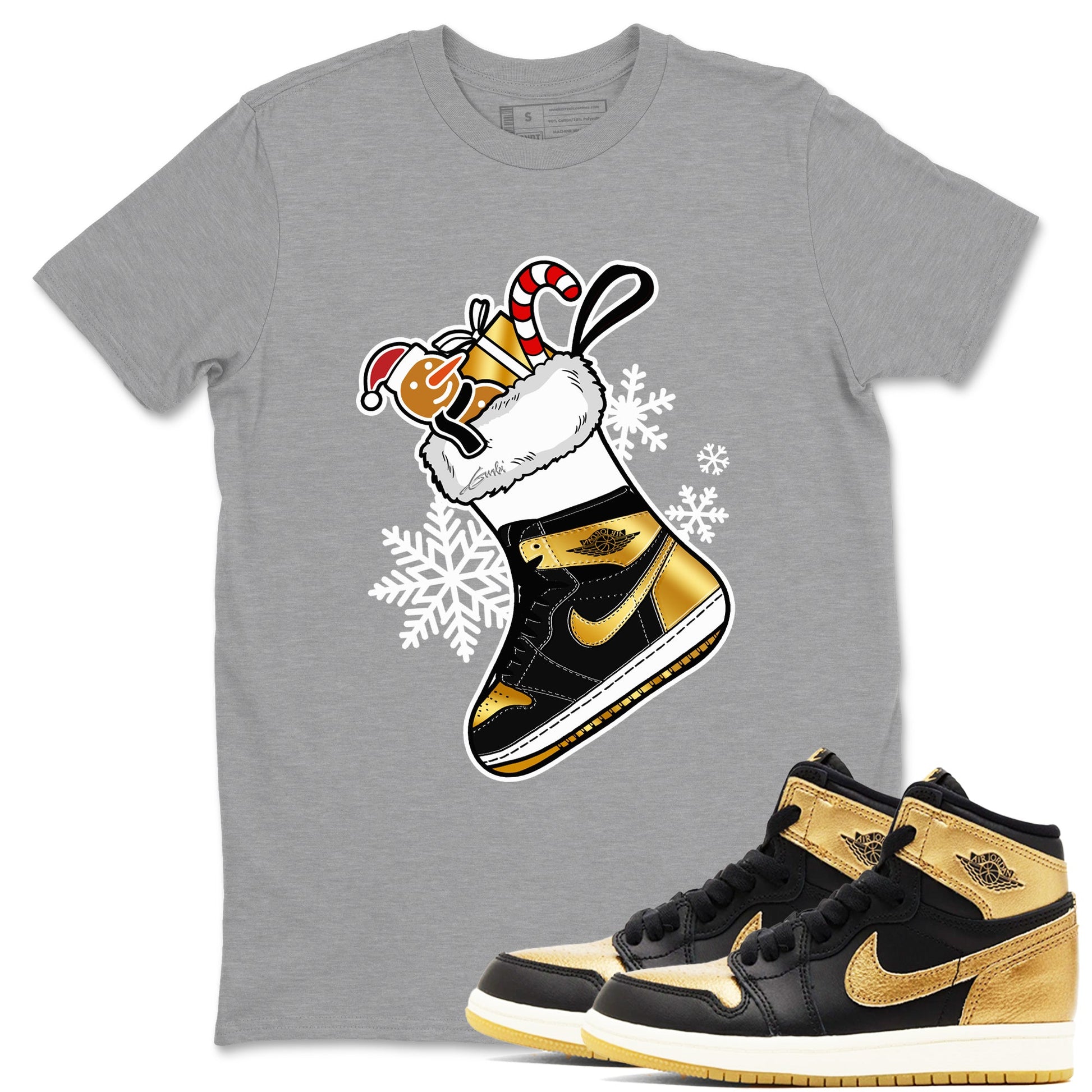 1s Black Metallic Gold shirts to match jordans Christmas Sneaker Stocking t shirts to match sneakers Air Jordan 1 Retro High OG Black Metallic Gold match shoes to clothes SNRT Sneaker Tees unisex cotton Heather Grey 1 shirts