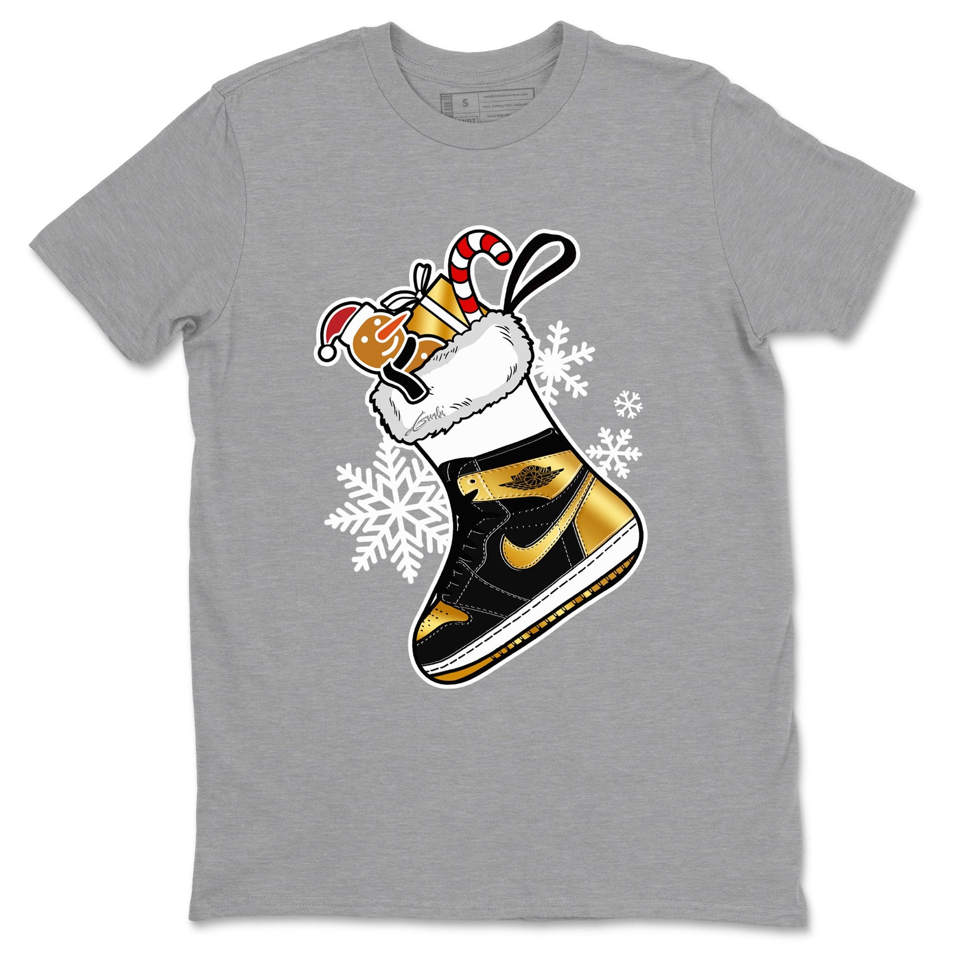 1s Black Metallic Gold shirts to match jordans Christmas Sneaker Stocking t shirts to match sneakers Air Jordan 1 Retro High OG Black Metallic Gold match shoes to clothes SNRT Sneaker Tees unisex cotton Heather Grey 2 shirts