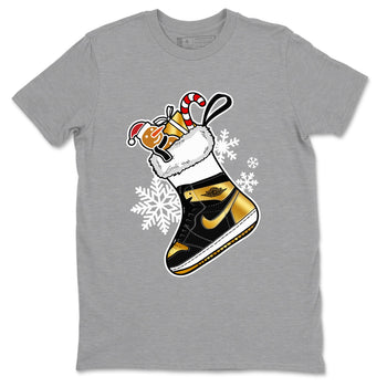1s Black Metallic Gold shirts to match jordans Christmas Sneaker Stocking t shirts to match sneakers Air Jordan 1 Retro High OG Black Metallic Gold match shoes to clothes SNRT Sneaker Tees unisex cotton Heather Grey 2 shirts