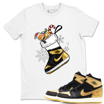 1s Black Metallic Gold shirts to match jordans Christmas Sneaker Stocking t shirts to match sneakers Air Jordan 1 Retro High OG Black Metallic Gold match shoes to clothes SNRT Sneaker Tees unisex cotton White 2 shirts