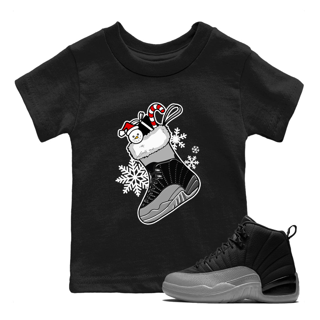 12s Black Wolf Grey shirts to match jordans Christmas Sneaker Stocking t shirts to match sneakers Air Jordan 12 Retro Black Wolf Grey match shoes to clothes SNRT Sneaker Tees Youth Baby Black 1 tee