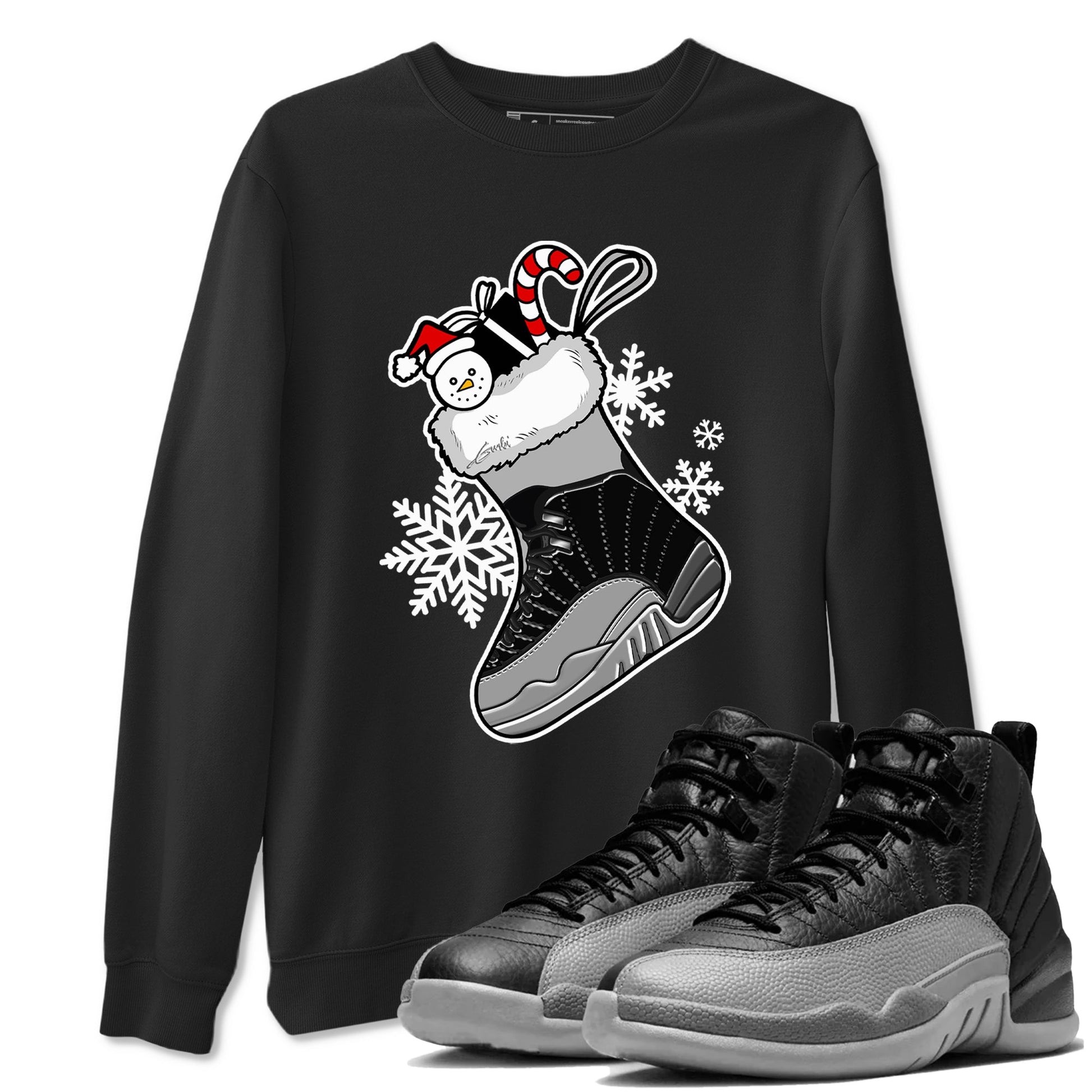 12s Black Wolf Grey shirts to match jordans Christmas Sneaker Stocking t shirts to match sneakers Air Jordan 12 Retro Black Wolf Grey match shoes to clothes SNRT Sneaker Tees unisex cotton Black 1 shirts