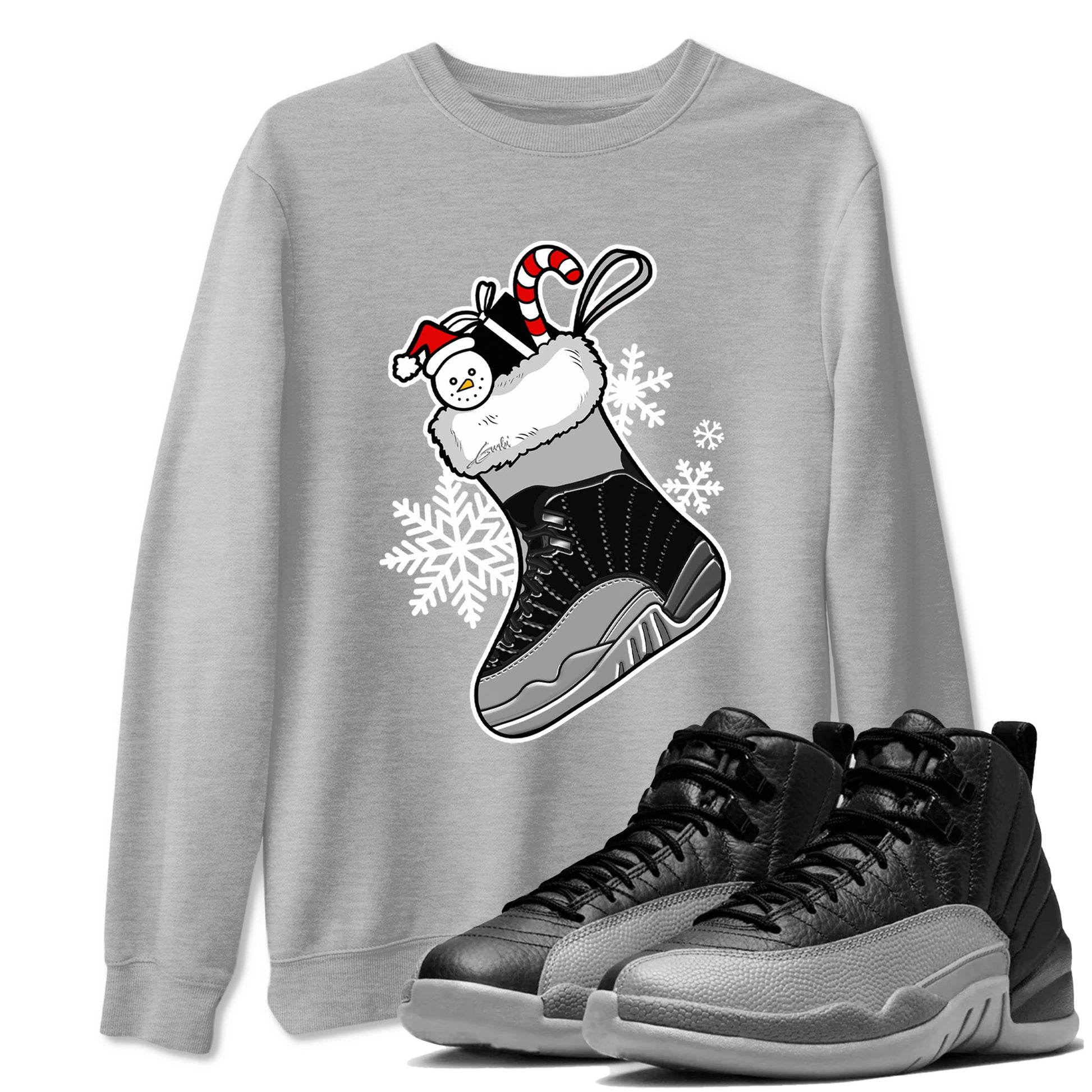12s Black Wolf Grey shirts to match jordans Christmas Sneaker Stocking t shirts to match sneakers Air Jordan 12 Retro Black Wolf Grey match shoes to clothes SNRT Sneaker Tees unisex cotton Heather Grey 1 shirts
