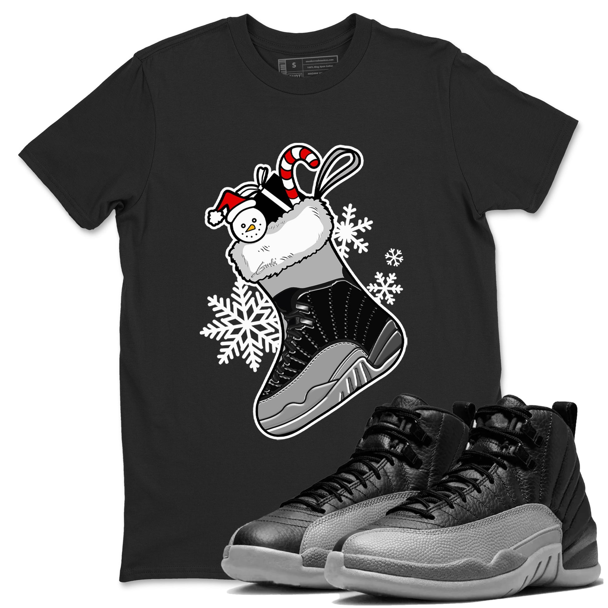 12s Black Wolf Grey shirts to match jordans Christmas Sneaker Stocking t shirts to match sneakers Air Jordan 12 Retro Black Wolf Grey match shoes to clothes SNRT Sneaker Tees unisex cotton Black 1 shirts