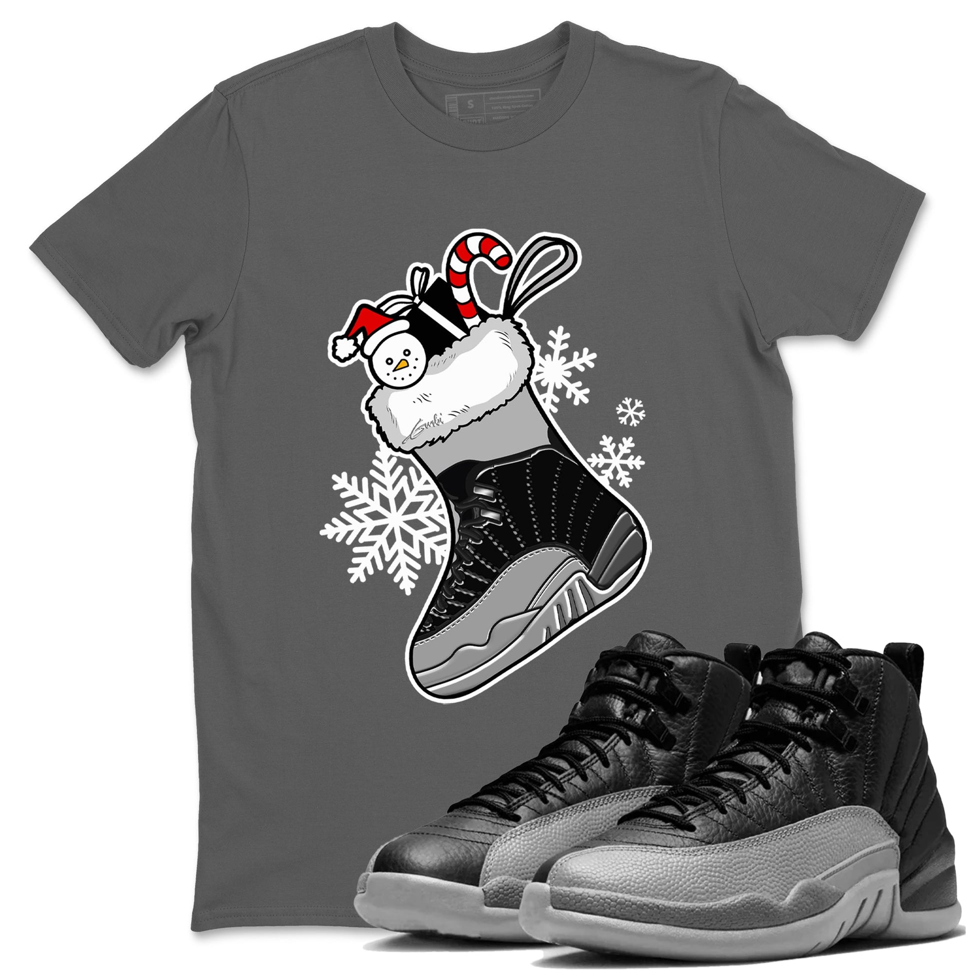 12s Black Wolf Grey shirts to match jordans Christmas Sneaker Stocking t shirts to match sneakers Air Jordan 12 Retro Black Wolf Grey match shoes to clothes SNRT Sneaker Tees unisex cotton Cool Grey 1 shirts