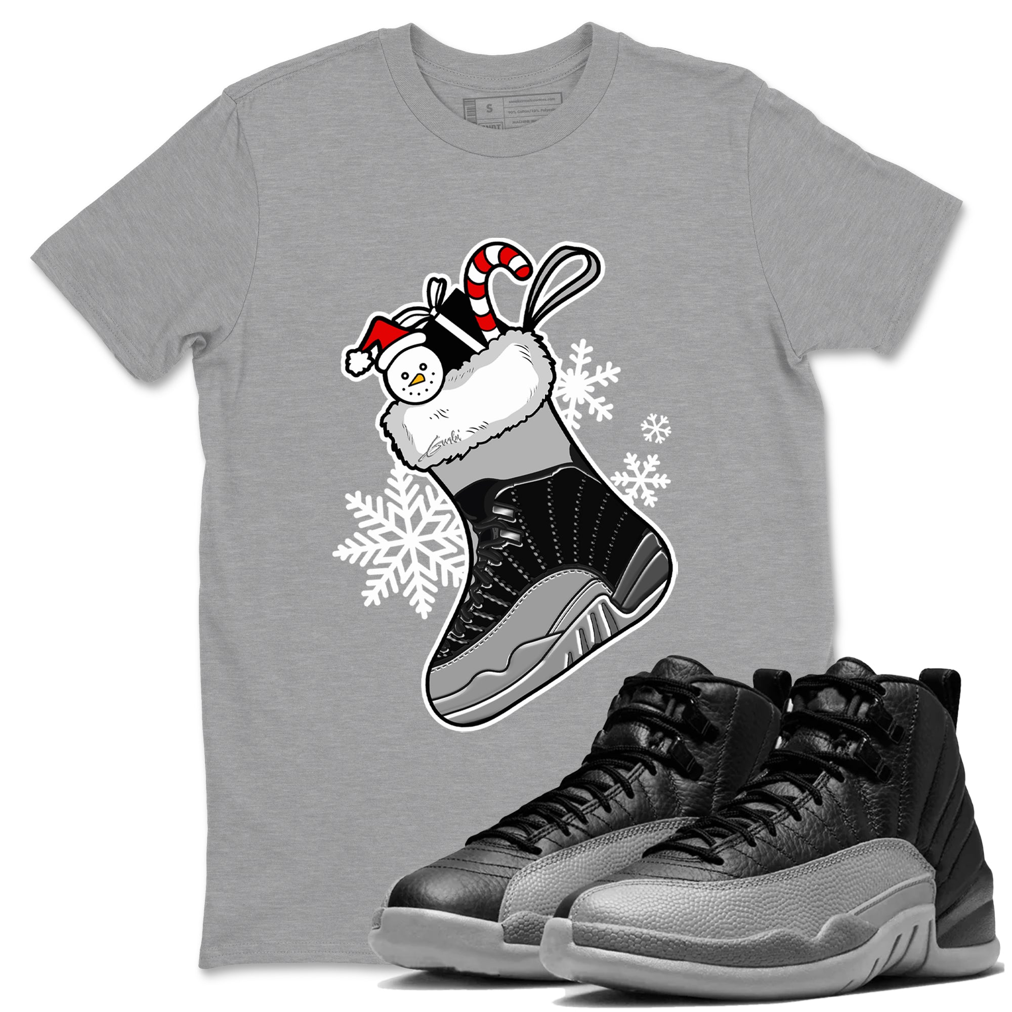 12s Black Wolf Grey shirts to match jordans Christmas Sneaker Stocking t shirts to match sneakers Air Jordan 12 Retro Black Wolf Grey match shoes to clothes SNRT Sneaker Tees unisex cotton Heather Grey 1 shirts