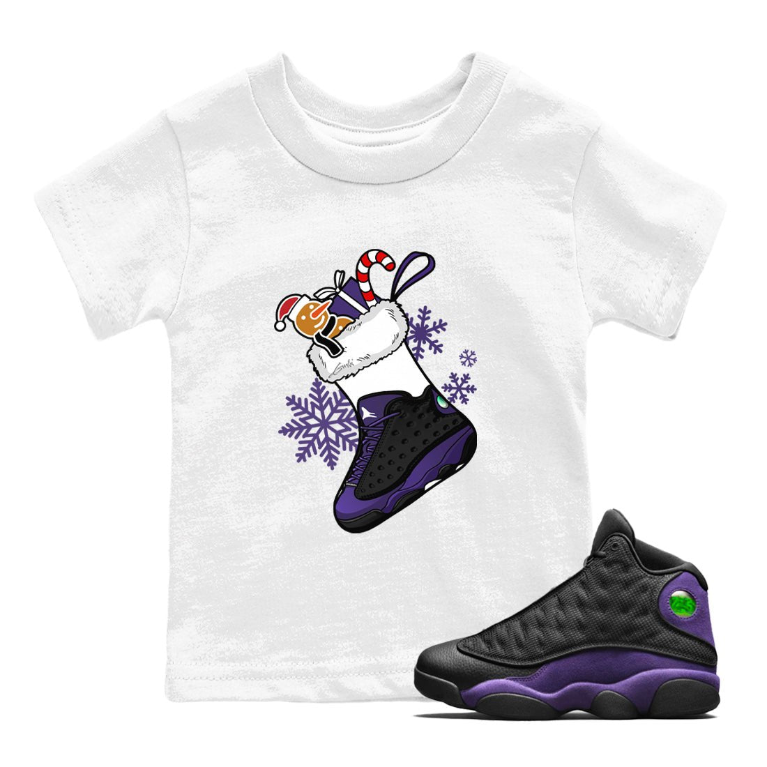13s Court Purple shirts to match jordans Christmas Sneaker Stocking t shirts to match sneakers Air Jordan 13 Retro Court Purple match shoes to clothes SNRT Sneaker Tees Youth Baby White 1 tee
