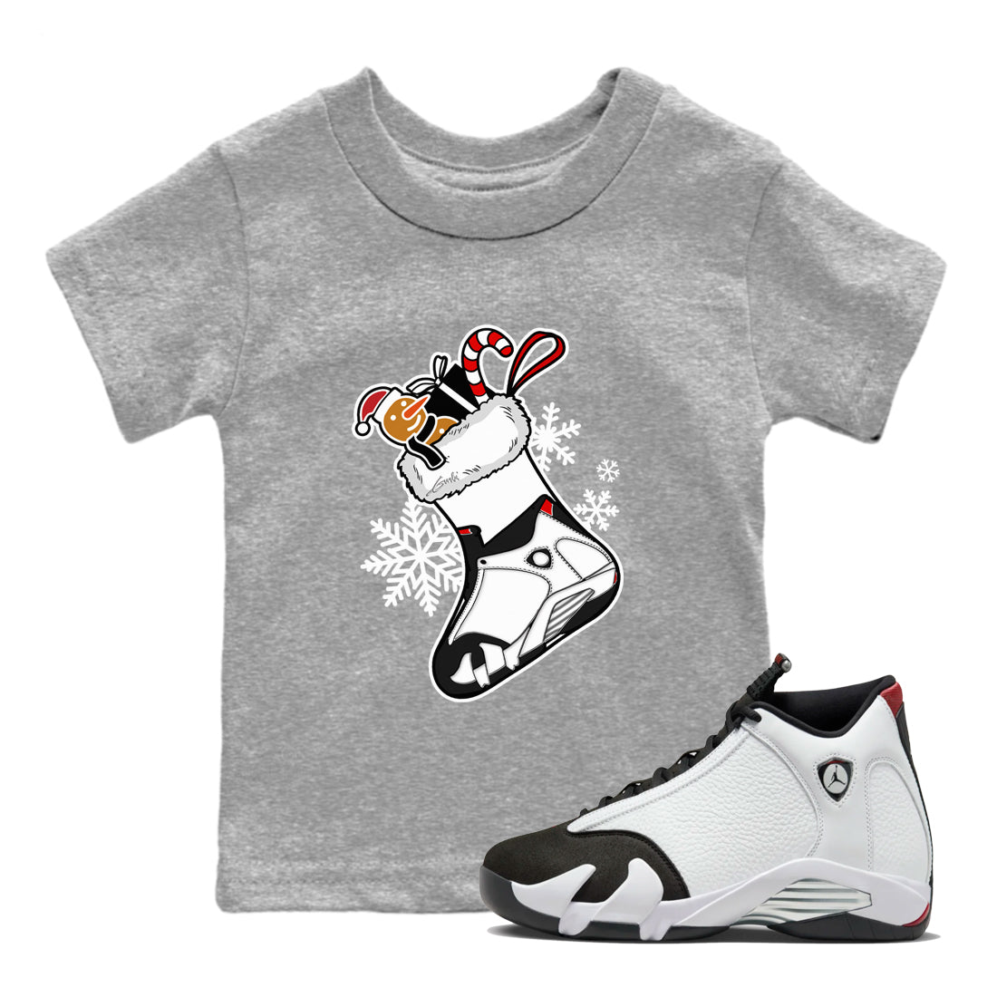 14s Black Toe shirts to match jordans Christmas Sneaker Stocking t shirts to match sneakers Air Jordan 14 Retro Black Toe match shoes to clothes SNRT Sneaker Tees Youth Baby Heather Grey 1 tee