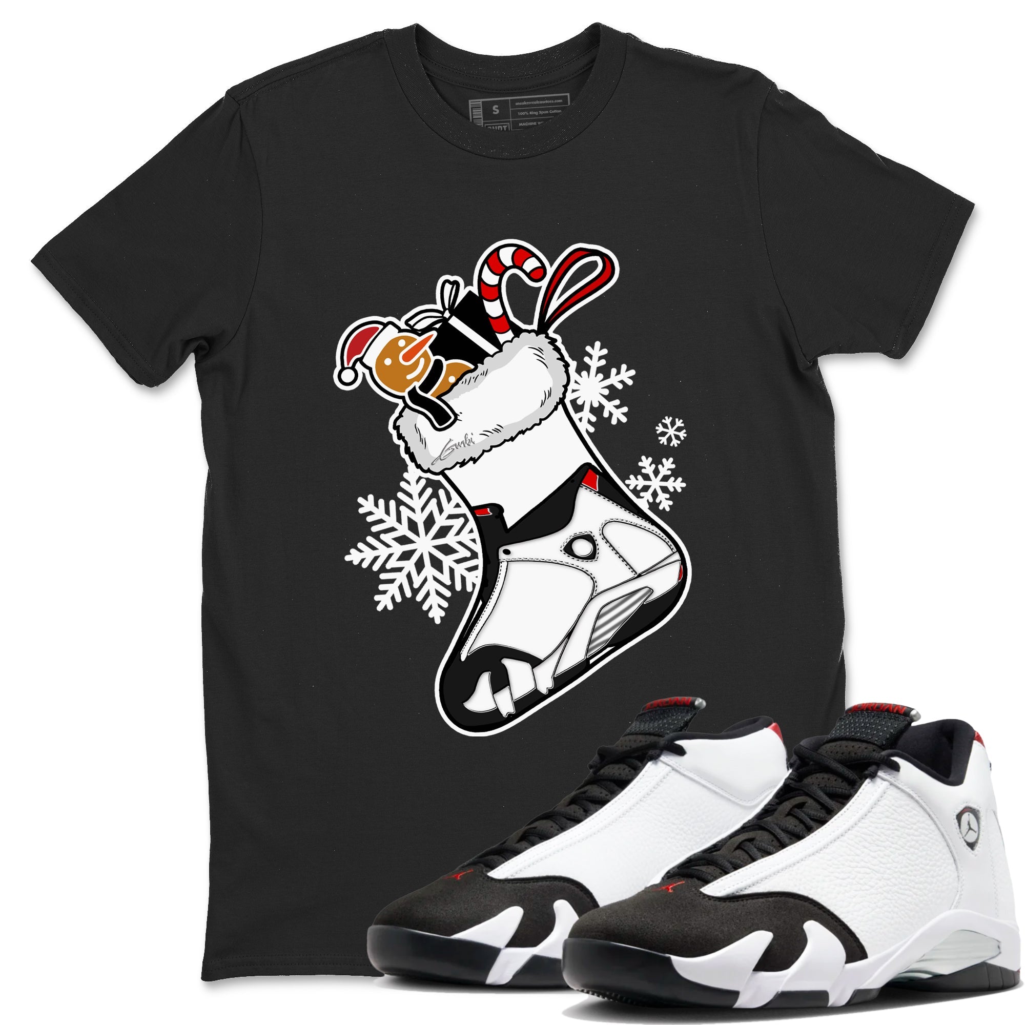 14s Black Toe shirts to match jordans Christmas Sneaker Stocking t shirts to match sneakers Air Jordan 14 Retro Black Toe match shoes to clothes SNRT Sneaker Tees unisex cotton Black 1 shirts