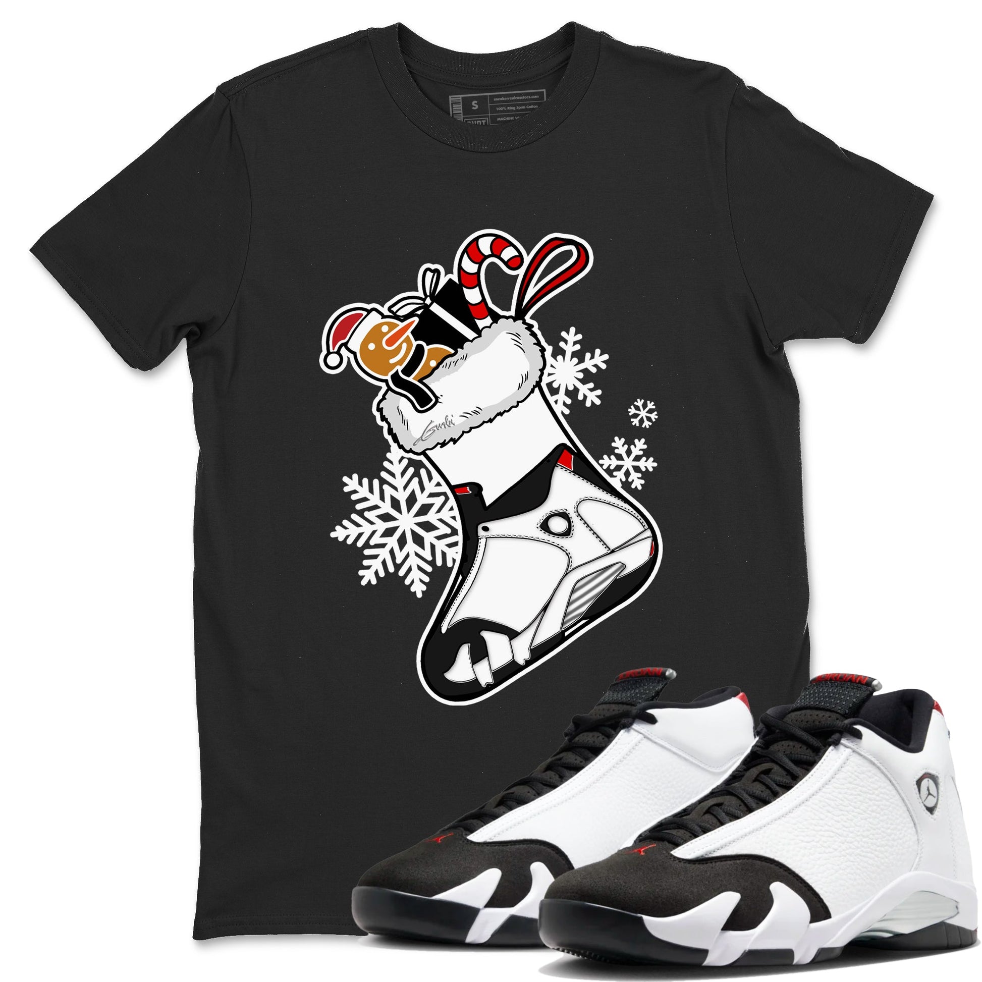14s Black Toe shirts to match jordans Christmas Sneaker Stocking t shirts to match sneakers Air Jordan 14 Retro Black Toe match shoes to clothes SNRT Sneaker Tees unisex cotton Black 1 shirts
