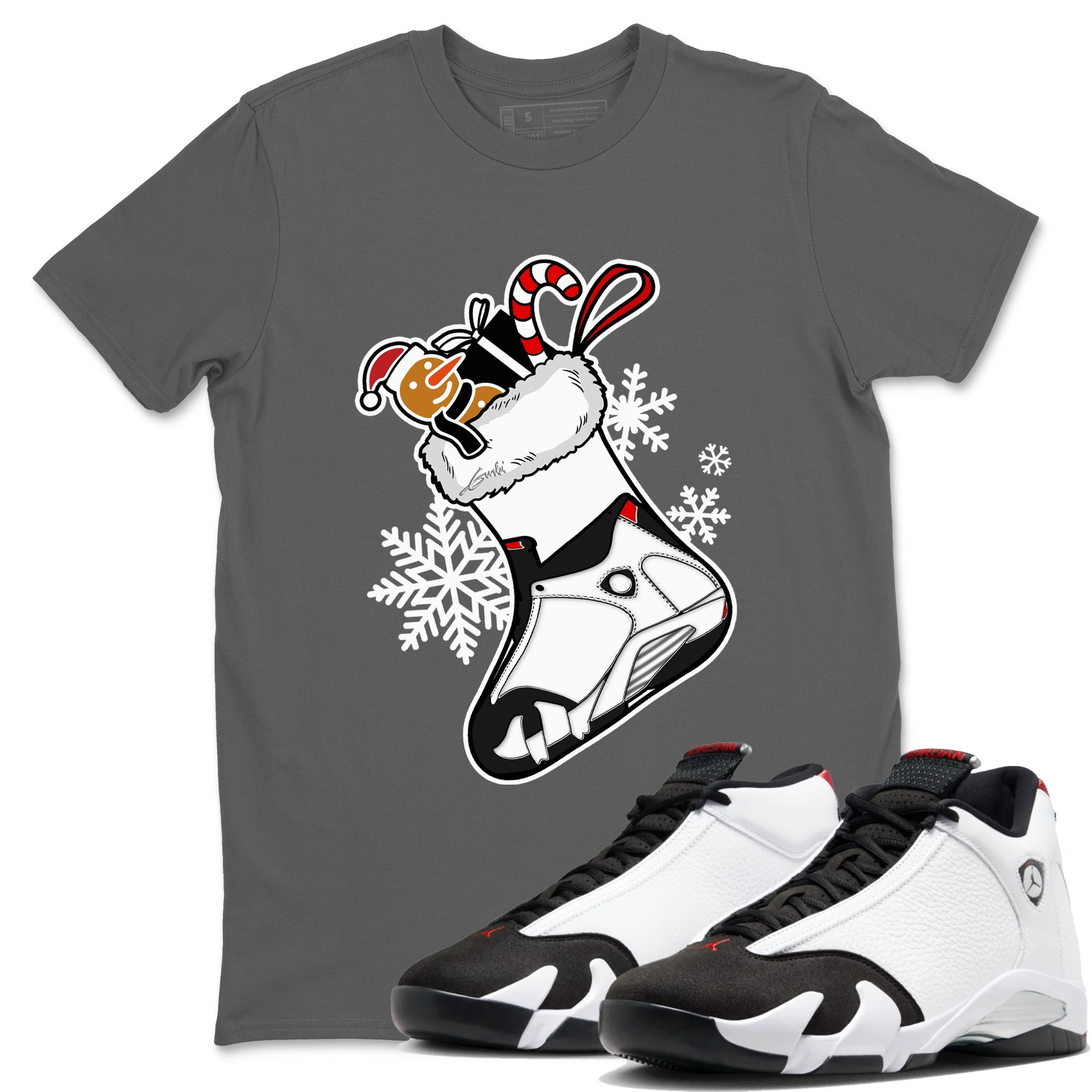 14s Black Toe shirts to match jordans Christmas Sneaker Stocking t shirts to match sneakers Air Jordan 14 Retro Black Toe match shoes to clothes SNRT Sneaker Tees unisex cotton Cool Grey 1 shirts
