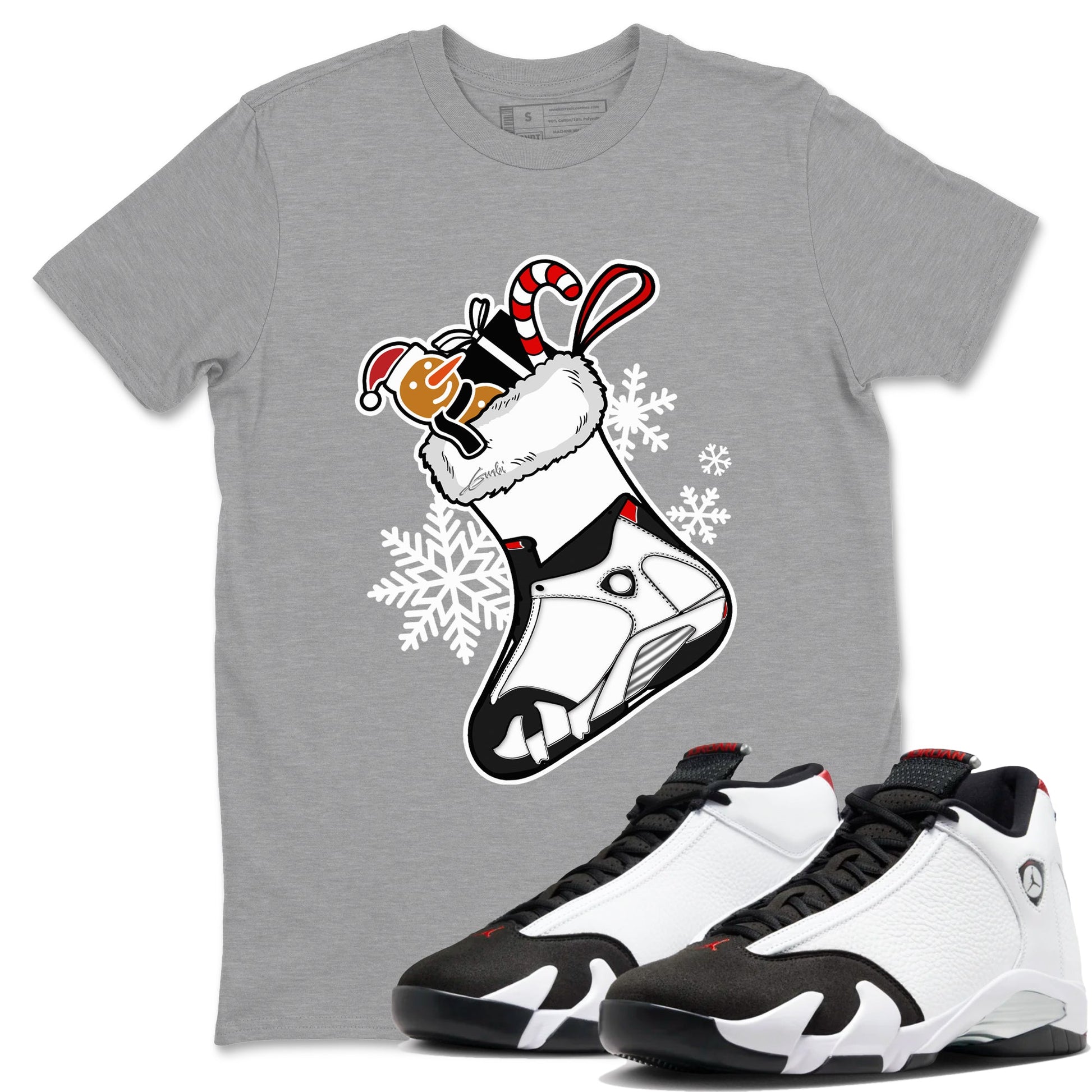 14s Black Toe shirts to match jordans Christmas Sneaker Stocking t shirts to match sneakers Air Jordan 14 Retro Black Toe match shoes to clothes SNRT Sneaker Tees unisex cotton Heather Grey 1 shirts