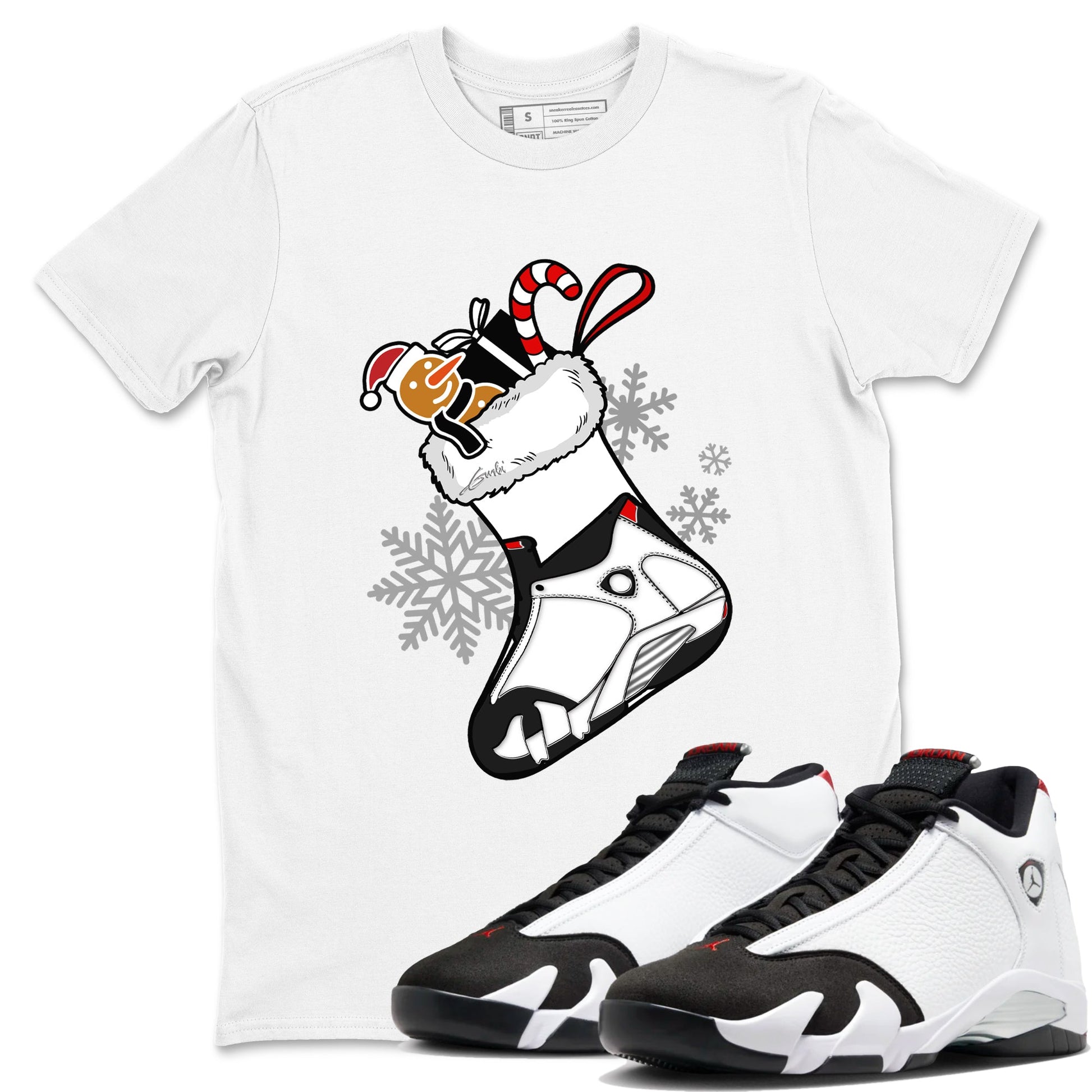 14s Black Toe shirts to match jordans Christmas Sneaker Stocking t shirts to match sneakers Air Jordan 14 Retro Black Toe match shoes to clothes SNRT Sneaker Tees unisex cotton White 1 shirts